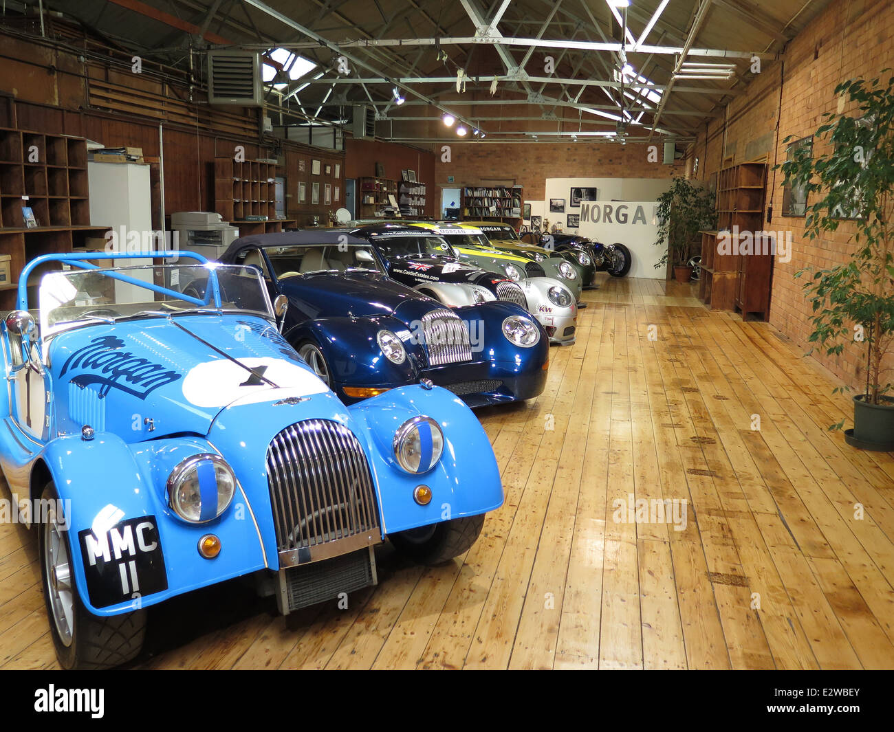 Showroom at Morgan Cars in Malvern showing Classic Morgan Plus 8 and Aero Max Cars Stock Photo