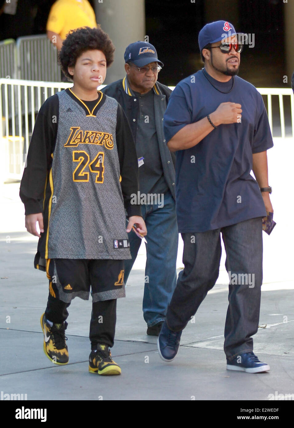 Celebrities arrive at the Staples Center to watch the Los Angeles Lakers  vs. Chicago Bulls basketball game. Lakers won 81 - 90 Featuring: Ice Cube,Shareef  Jackson Where: Los Angeles, California, United States