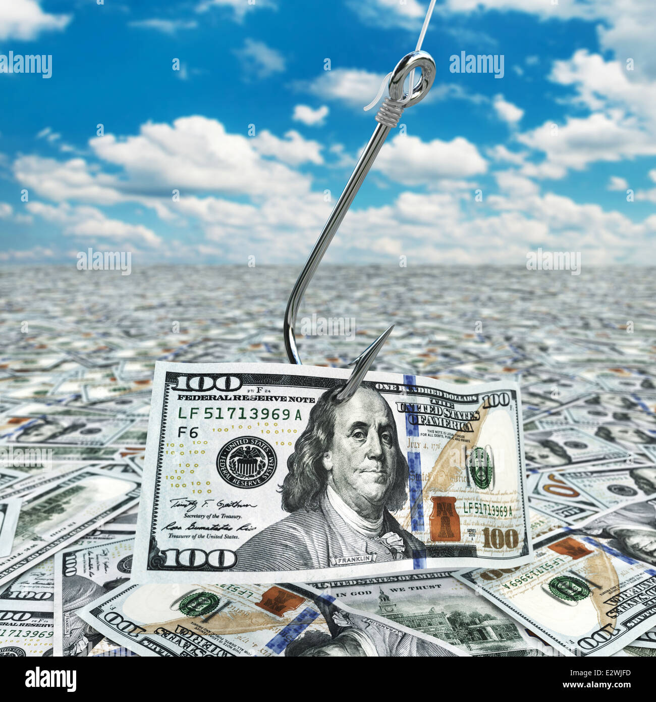 Dollar and fish-hook on cloudscape. Financial concept.. 3d Stock Photo