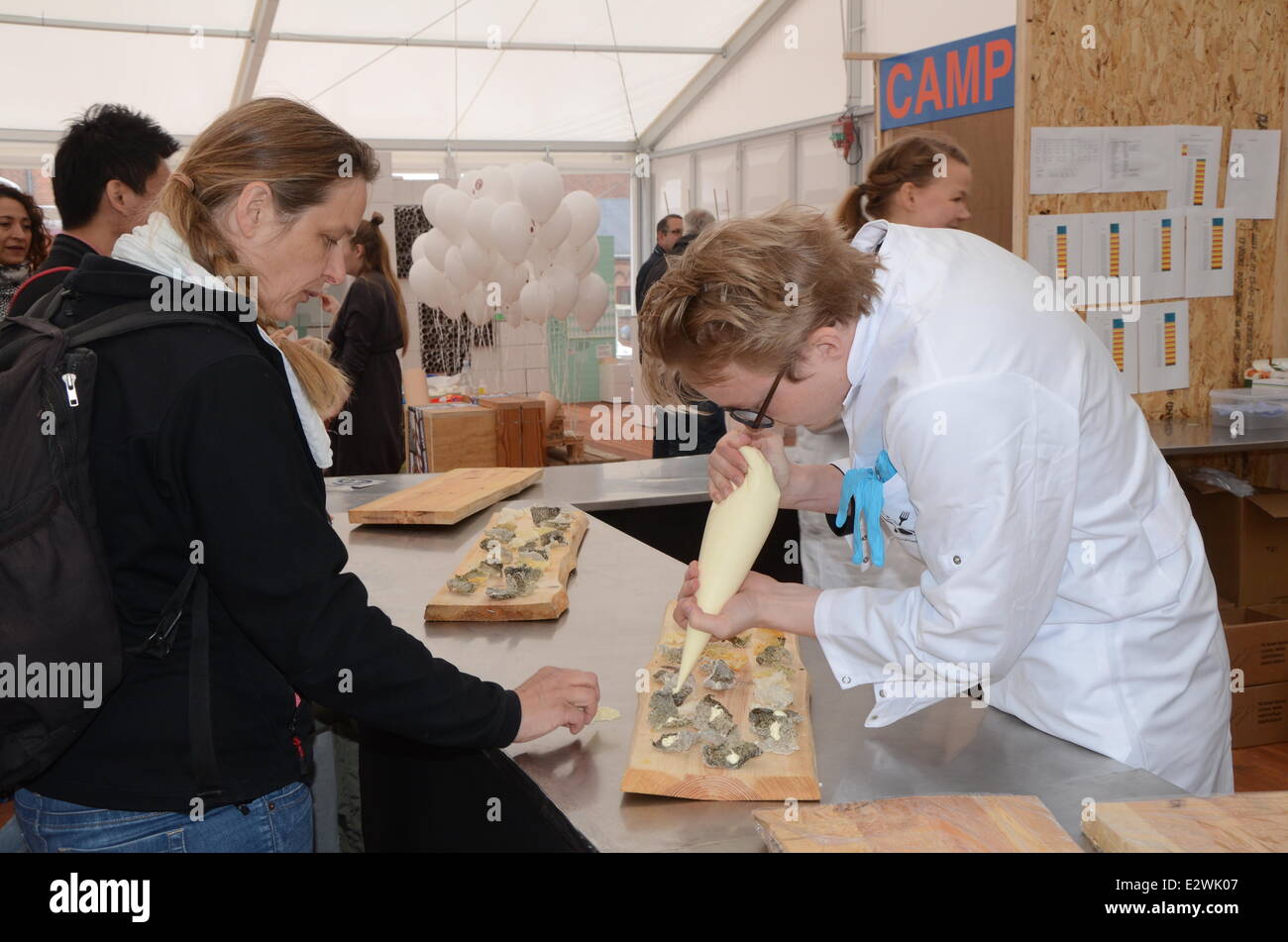 Copenhagen, Denmark. 21st June, 2014. A visitor looks at snacks made of fishskin during the 2014 EuroScience Open Forum in Copenhagen, Denmark, on June 21, 2014. The 2014 EuroScience Open Forum (ESOF2014), a premier science event opened here Saturday, aiming to bridging science and society and to ensure young people to become more interested in science and innovation. Credit:  Shi Shouhe/Xinhua/Alamy Live News Stock Photo