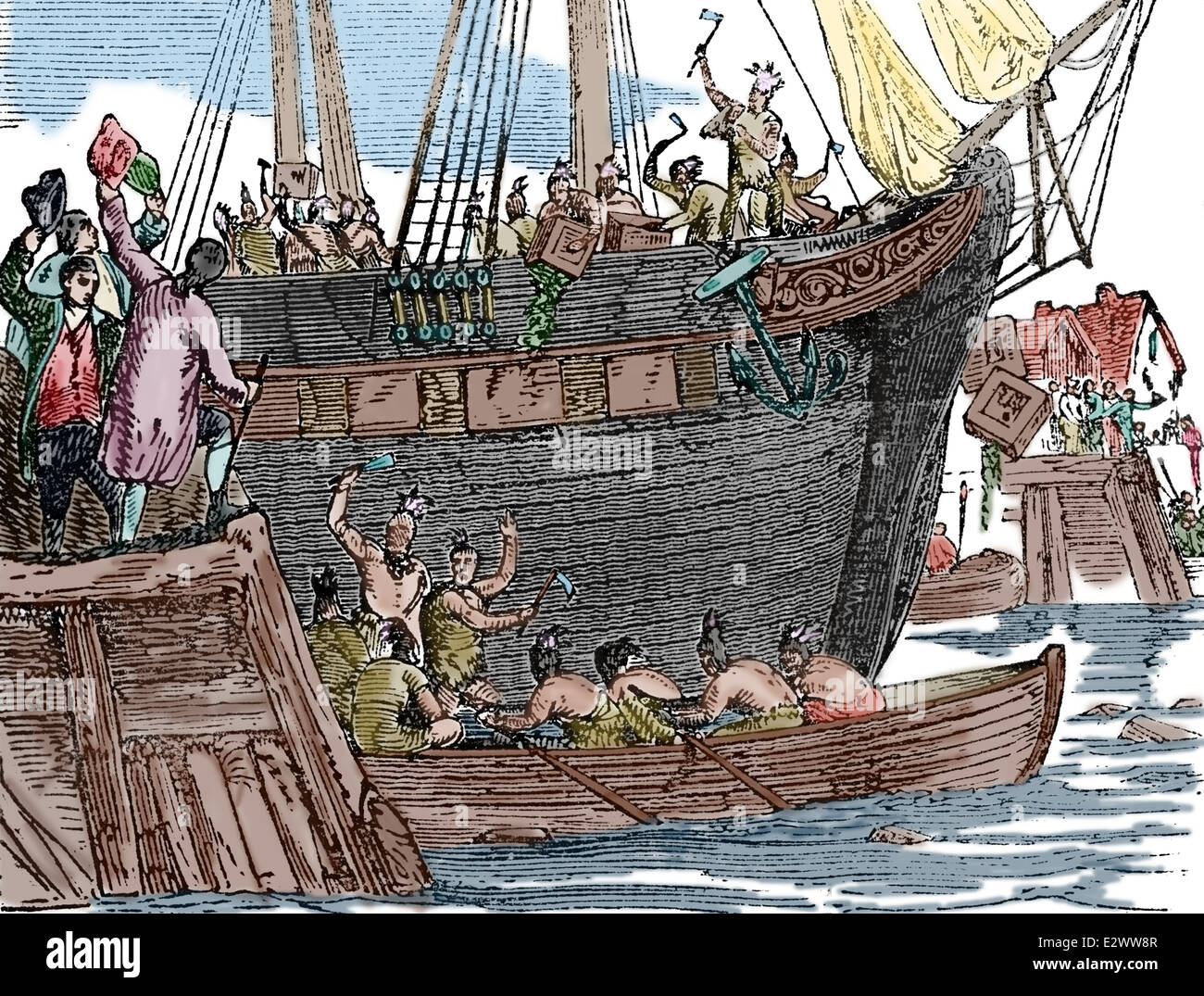 The Boston Tea Party. 16 December 1773. History of the United States for Schools, 19th century. Engraving. Later colouration. Stock Photo