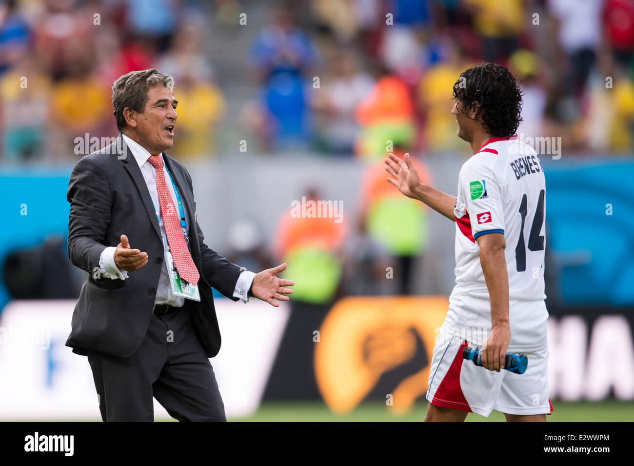 Recife, Brazil. 20th June, 2014. (L-R) Jorge Luis Pinto, Randall Brenes (CRC) Football/Soccer : Costa Rica head coach Jorge Luis Pinto celebrates after winning the FIFA World Cup Brazil 2014 Group D match between Italy 0-1 Costa Rica at Arena Pernambuco in Recife, Brazil . Credit:  Maurizio Borsari/AFLO/Alamy Live News Stock Photo