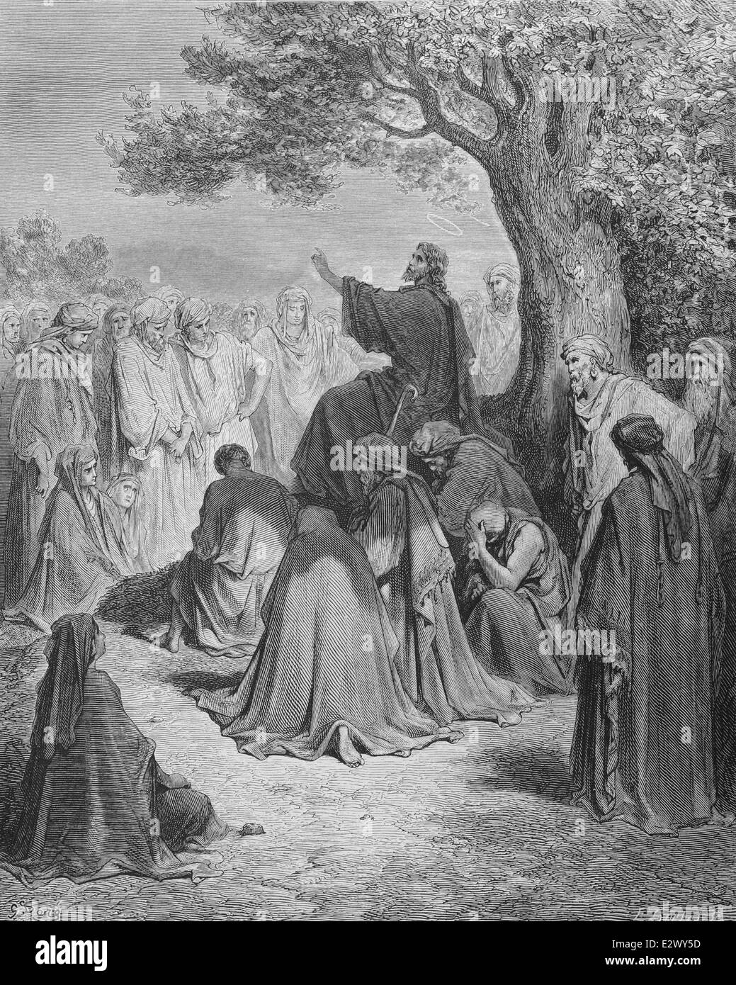 Jesus preaching to the multitude. (Luke 12:23. 31). Drawing by Gustave Dore and engraving E. Goebel. 19th century. Stock Photo