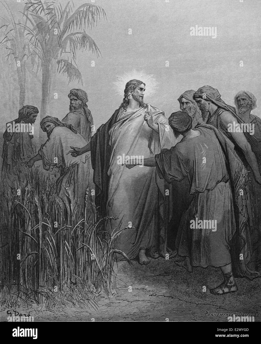 The Pharisees challenge Jesus over allowing his disciples to pick grain on the SabbathT (Mark, 2:27). Drawing by Gustave Dore. Stock Photo