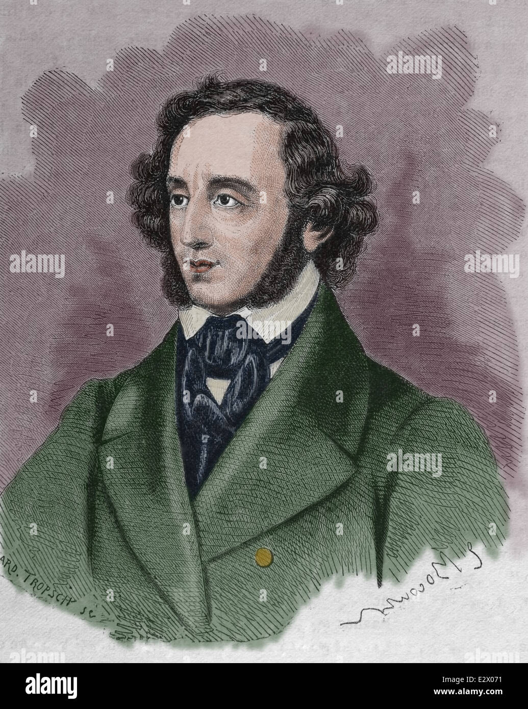 Felix Mendelssohn (1809-1847). German composer, pianist, organist and conductor. Romantic period. Engraving. Color. Stock Photo