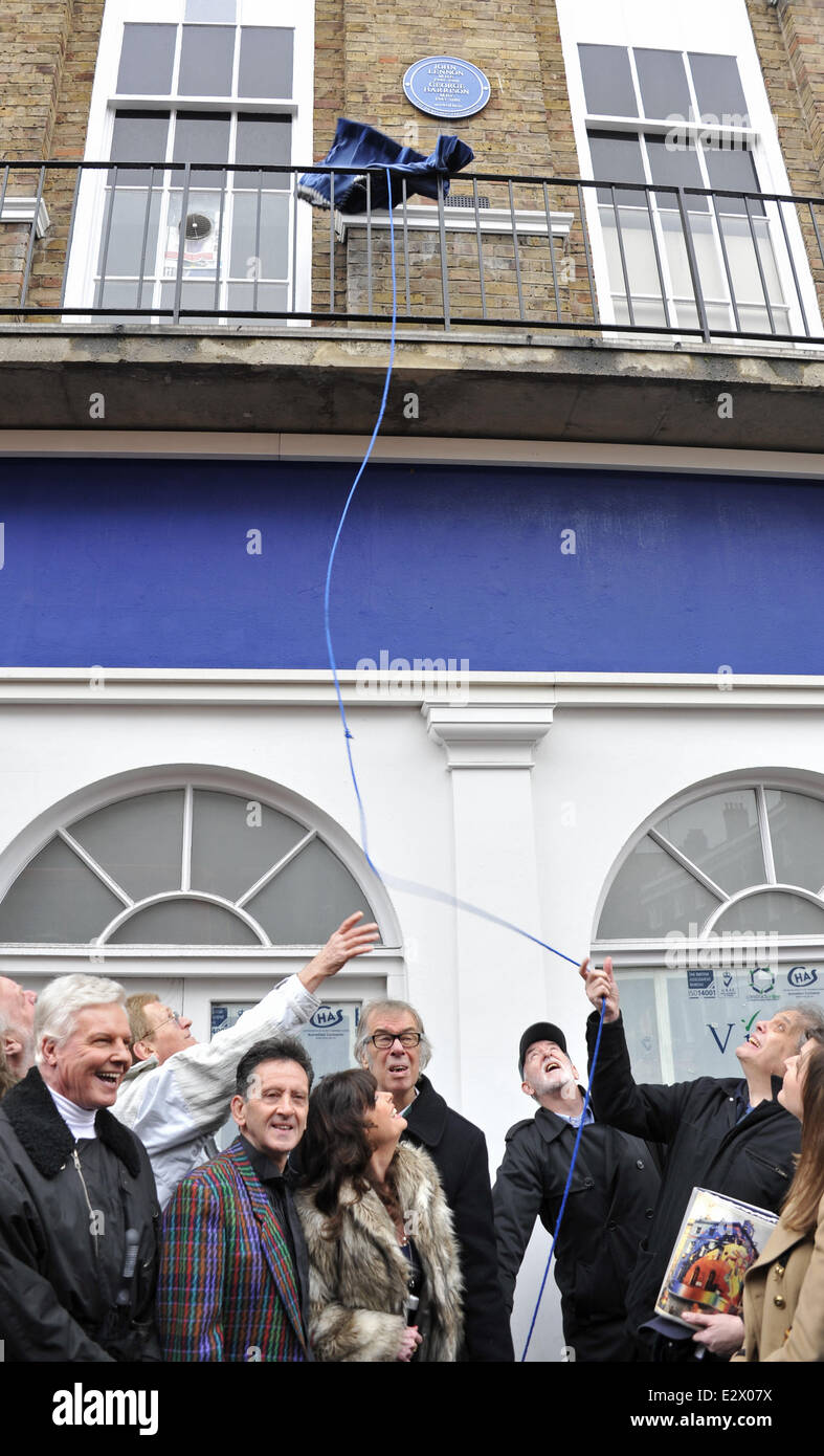 A blue plaque funded by the Heritage Fund is unveiled on London's Baker Street in honour of late Beatles John Lennon and George Harrison  Featuring: Rick Wakeman,Jess Conrad,Frank Allen,Vicki Michelle,Tony Bramwell,Nicholas Charles Where: London, United Kingdom When: 17 Mar 2013 Stock Photo