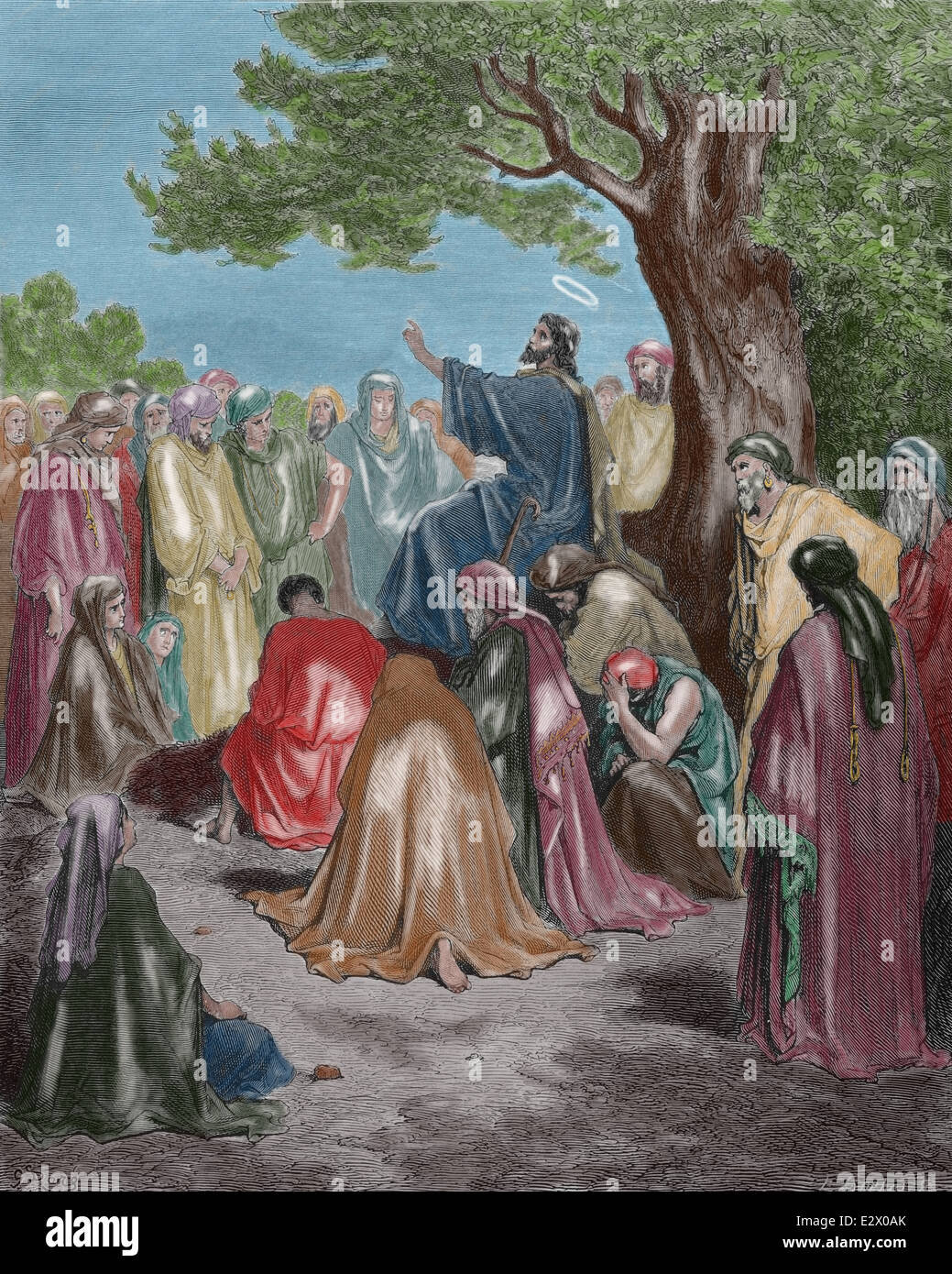 Jesus preaching to the multitude. (Luke 12:23. 31). Engraving by Dore. Color. Stock Photo
