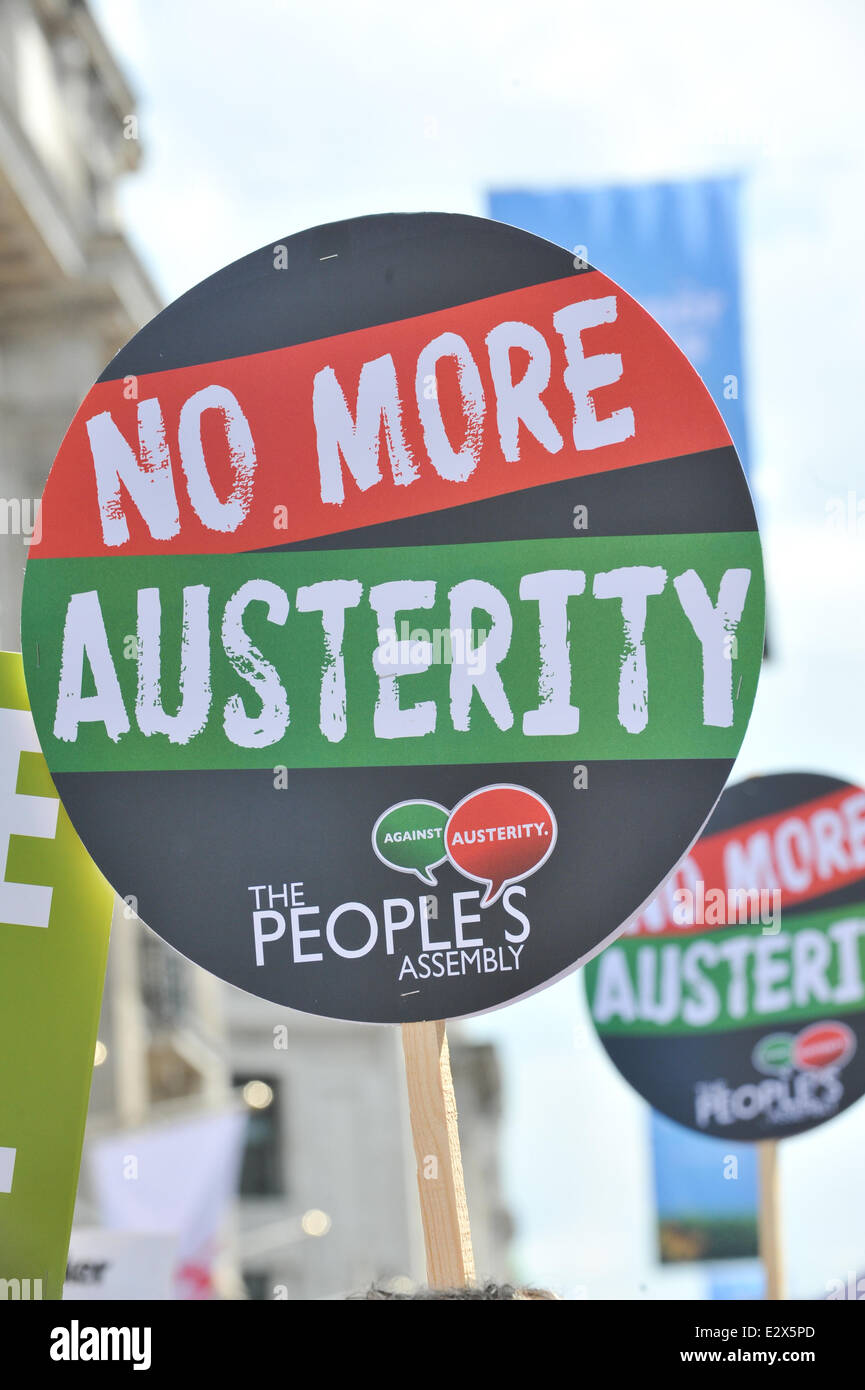 Regent Street, London, UK. 21st June 2014. An anti austerity banner on the march against austerity, making its way through London. Credit:  Matthew Chattle/Alamy Live News Stock Photo