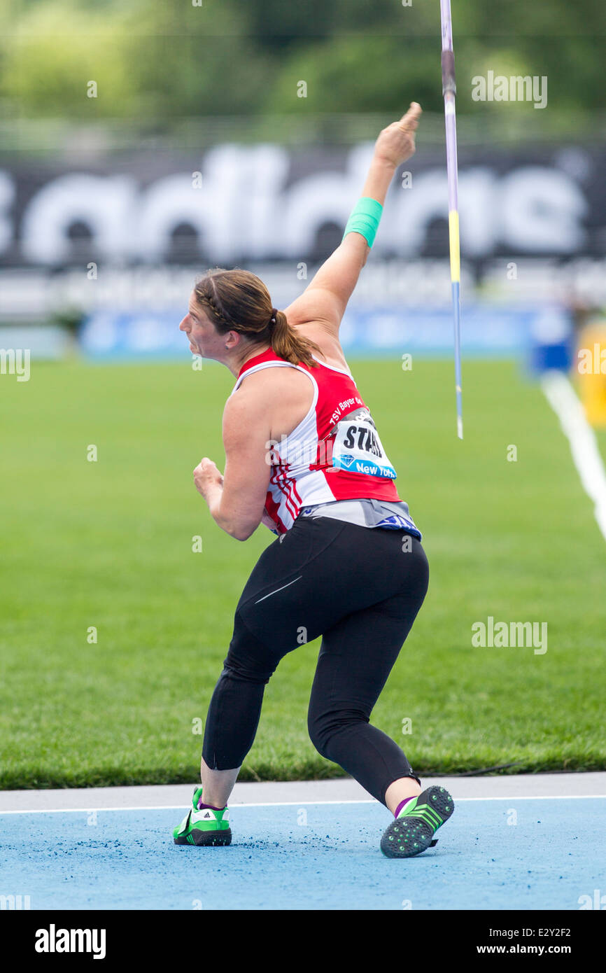 Linda Stahl (GER) competing in the javelin at the 2014 Adidas Track and Field Grand Prix. Stock Photo