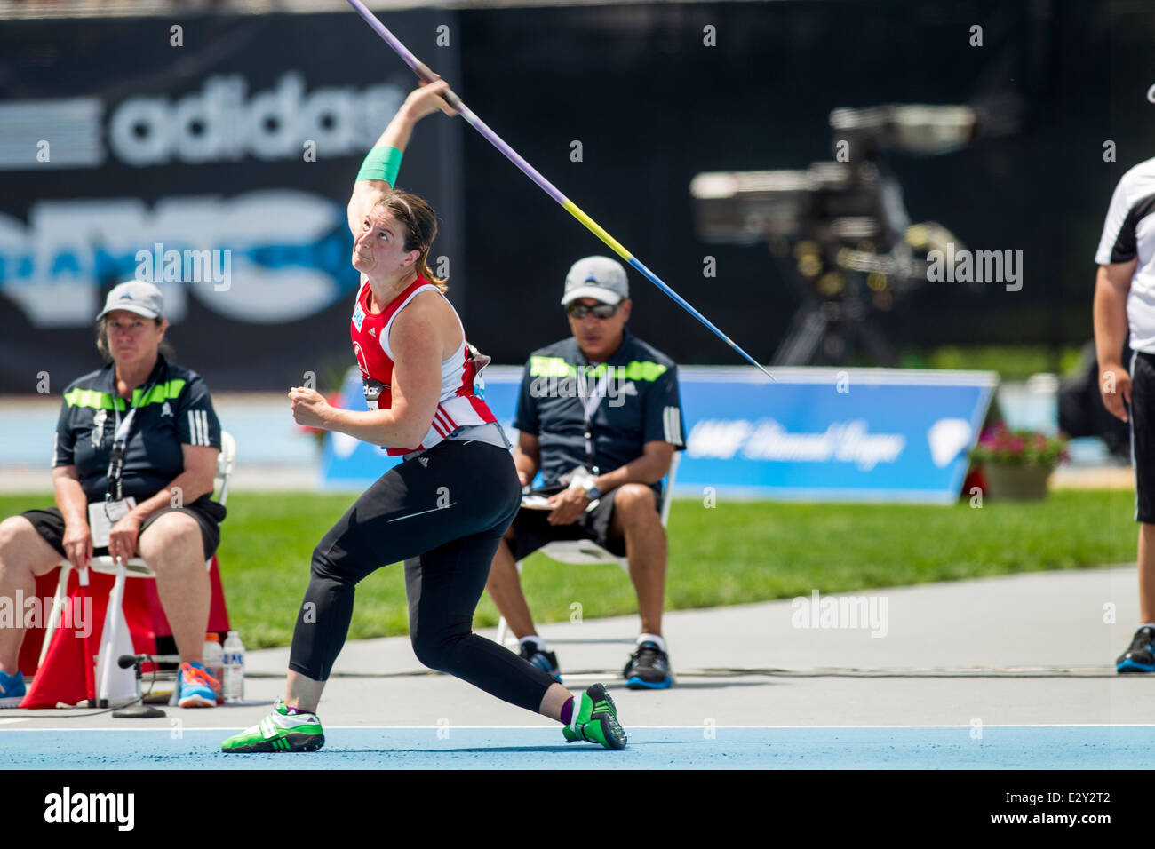 Linda Stahl (GER) competing in the javelin at the 2014 Adidas Track and Field Grand Prix. Stock Photo