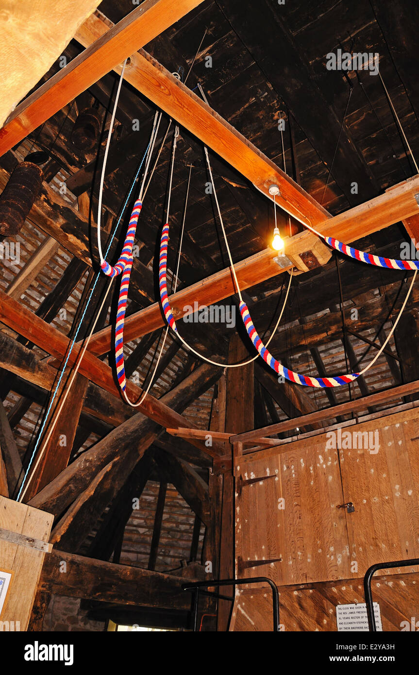 Bell ringing ropes inside St Marys church bell tower, Pembridge