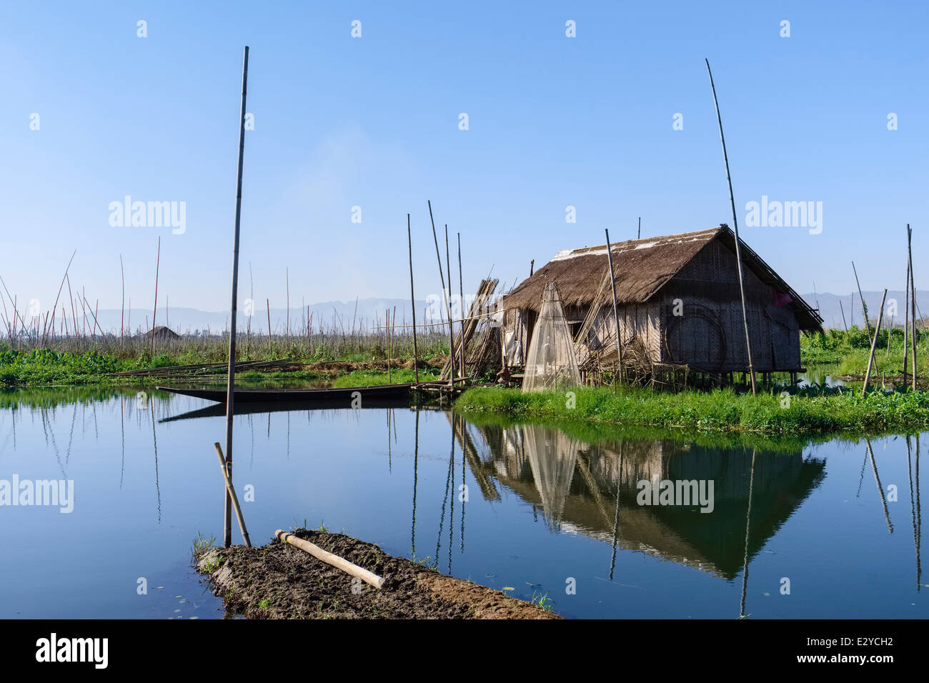 Thatched hut in Floating gardens, Inle Lake, Myanmar, Asia Stock Photo