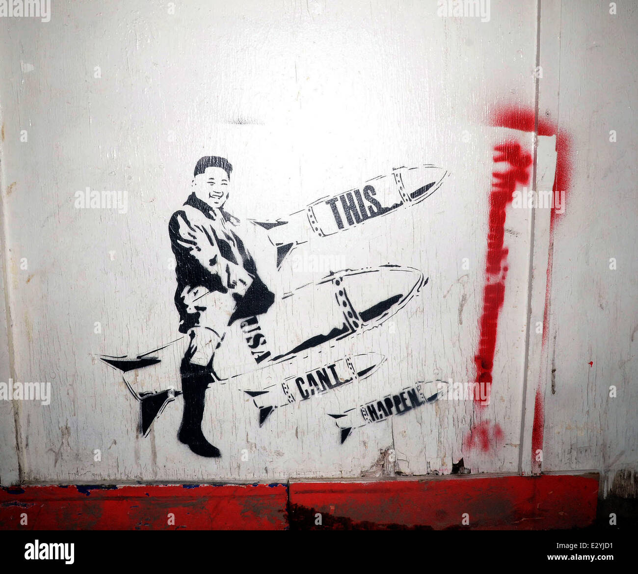 Street art work of Kim Jong-un riding a missile 'This USA Can't Happen' in  Eastcastle Street Featuring: Kim Jong-un Where: London, United Kingdom  When: 11 Apr 2013 Stock Photo - Alamy