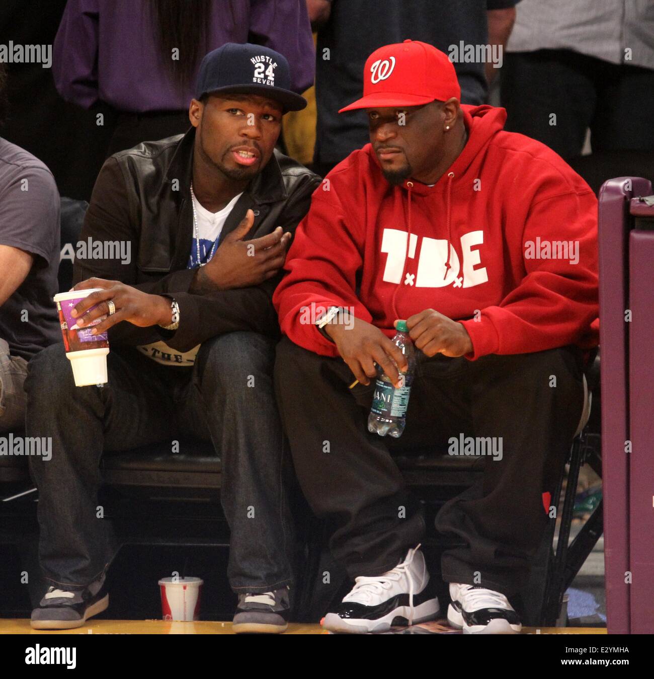 Celebrities watch the LA Lakers vs. the Golden State Warriors at the Staples Center  Featuring: 50 Cent,Curtis Jackson Where: Los Angeles, California, United States When: 12 Apr 2013 Stock Photo