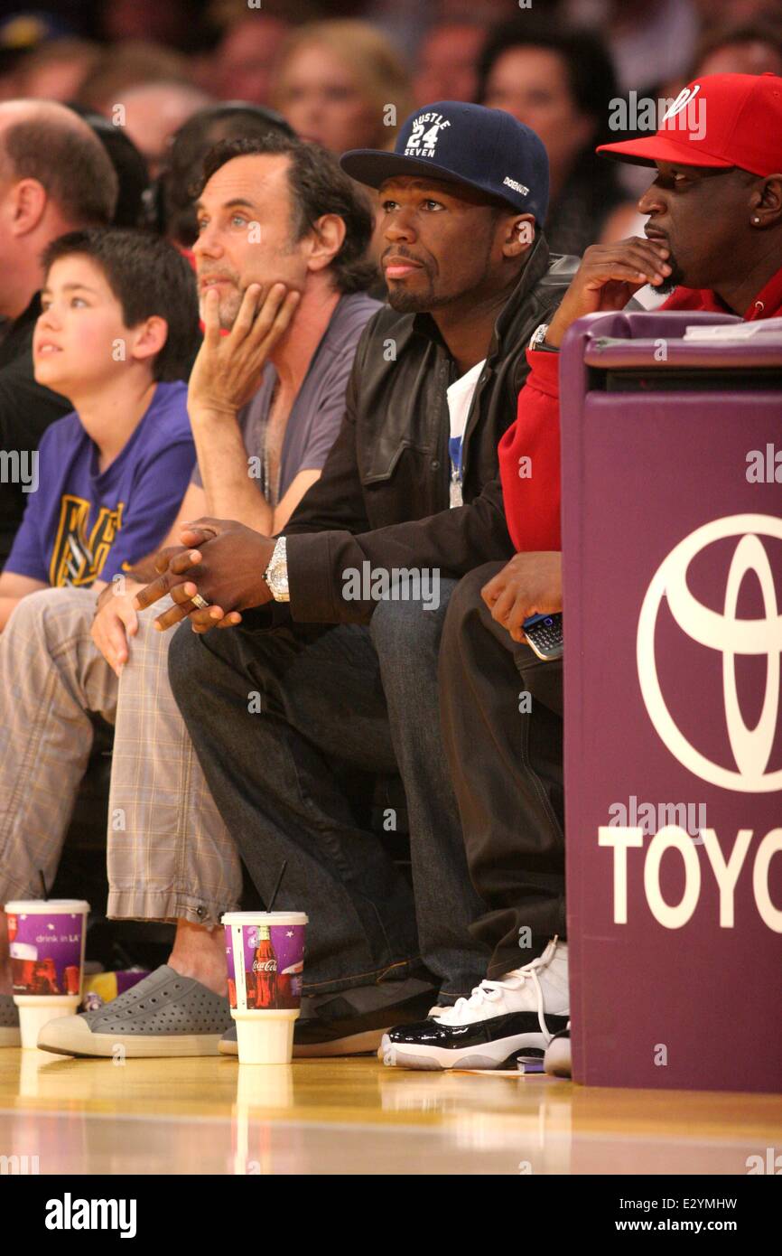 Celebrities watch the LA Lakers vs. the Golden State Warriors at the Staples Center  Featuring: 50 Cent,Curtis Jackson Where: Los Angeles, California, United States When: 12 Apr 2013 Stock Photo