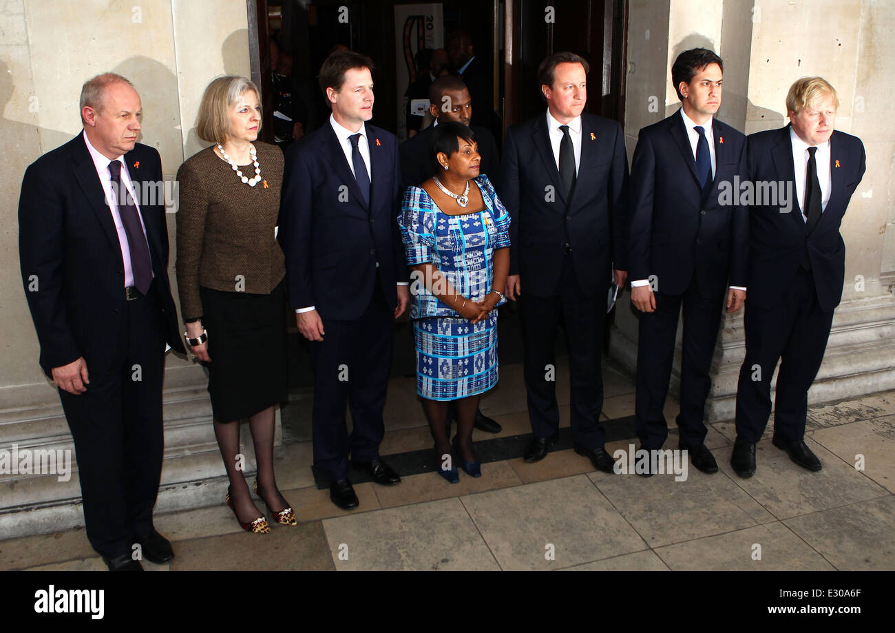 A memorial service to mark the 20th anniversary of the death of Stephen Lawrence at St Martins in the Fields Church in London  Featuring: Stuart Lawrence,Doreen Lawrence,Nick Clegg,Damien Green,Theresa May,Boris Johnson,David Cameron,Ed Milliband Where: L Stock Photo
