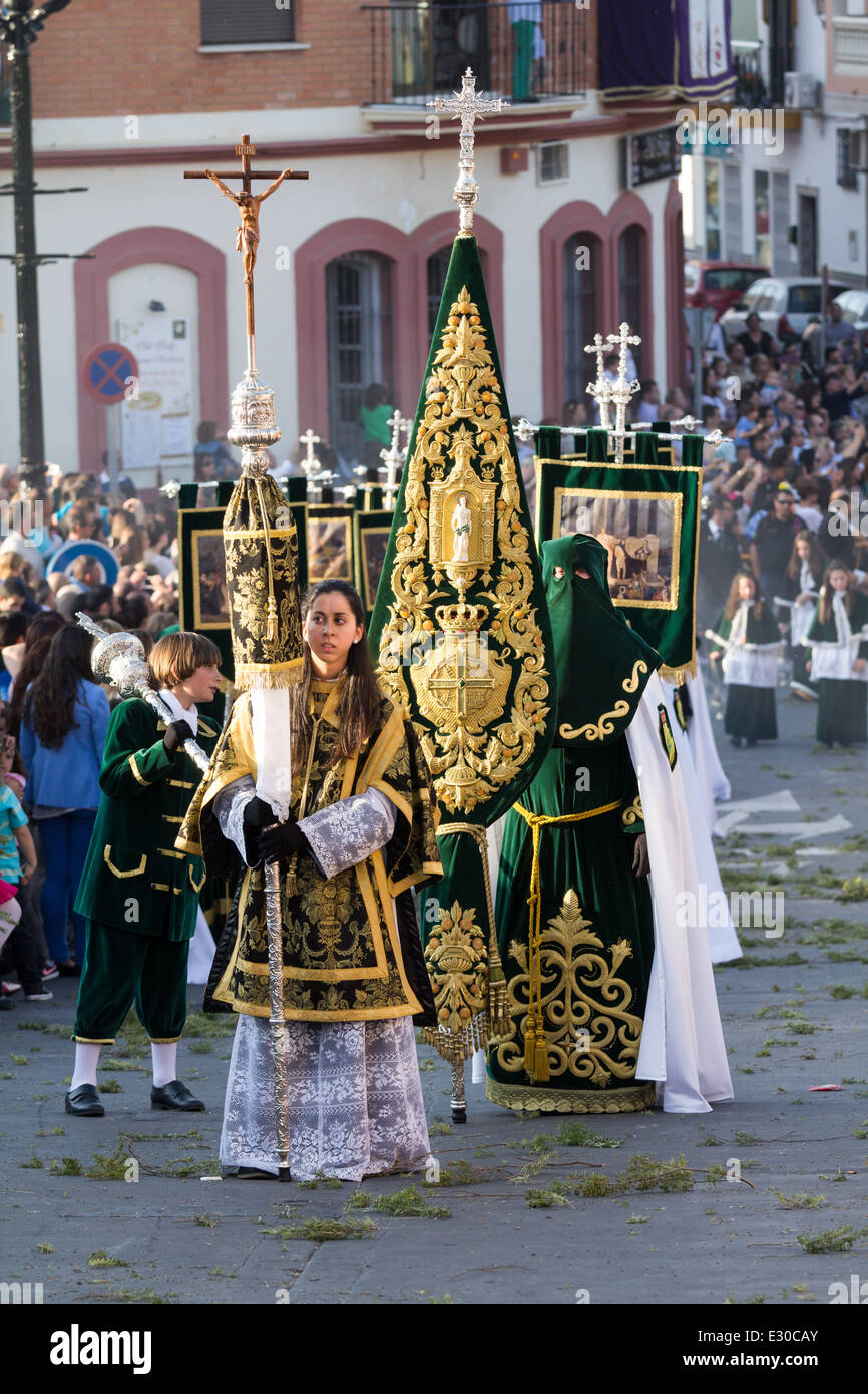 Local worshipers during the Holy Week parade celebration in Alhaurin de la Torre streets (Malaga, Spain) Stock Photo