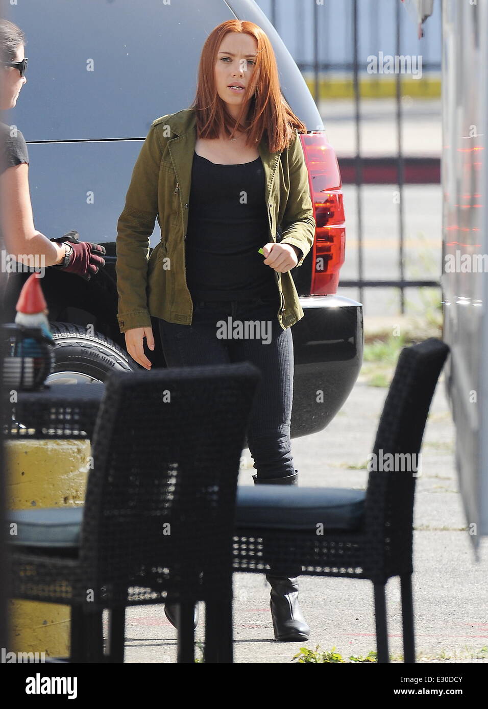 Actress Scarlett Johansson spotted filming 'Captain America: The Winter Soldier' who plays Black Widow.  Featuring: Scarlett Johansson Where: Los Angeles, California, United States When: 23 Apr 2013 Stock Photo