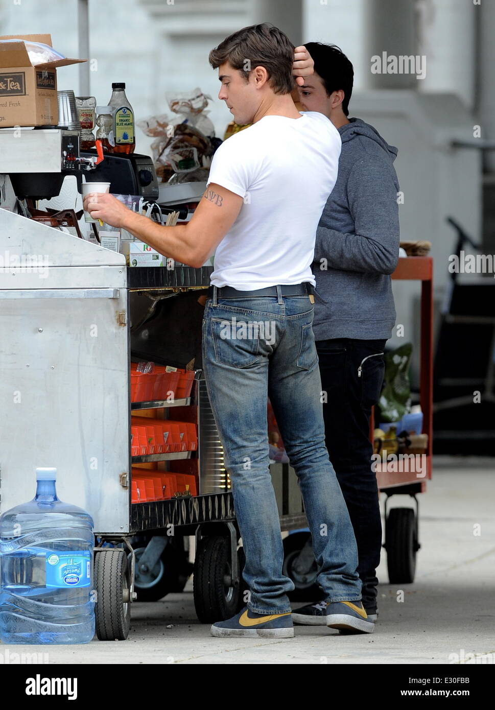 Actor Zac Efron sports a marijuana belt buckle with a white tight t shirt  for a scene for the upcoming comedy "Townies" Featuring: Zac Efron Where:  Los Angeles, CA, United States When: