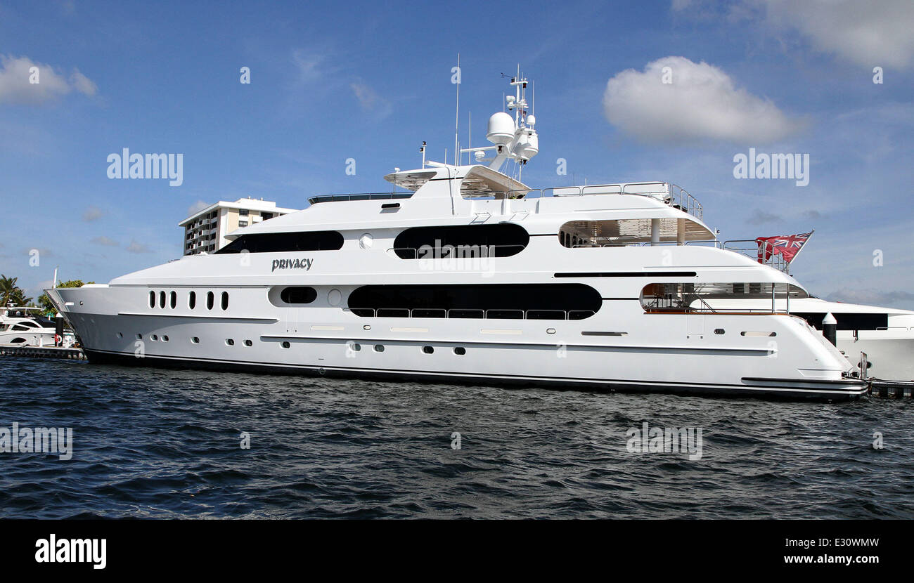The super yacht 'Mine Games' owned by Chris Cline, top is parked in front of 'Privacy', owned by Tiger Woods, bottom,  Cline is said to be dating Elin Nordegren, Tigers Woods ex-wife. The yachts are seen here  docked in Jupiter Florida Monday April 29, 20 Stock Photo