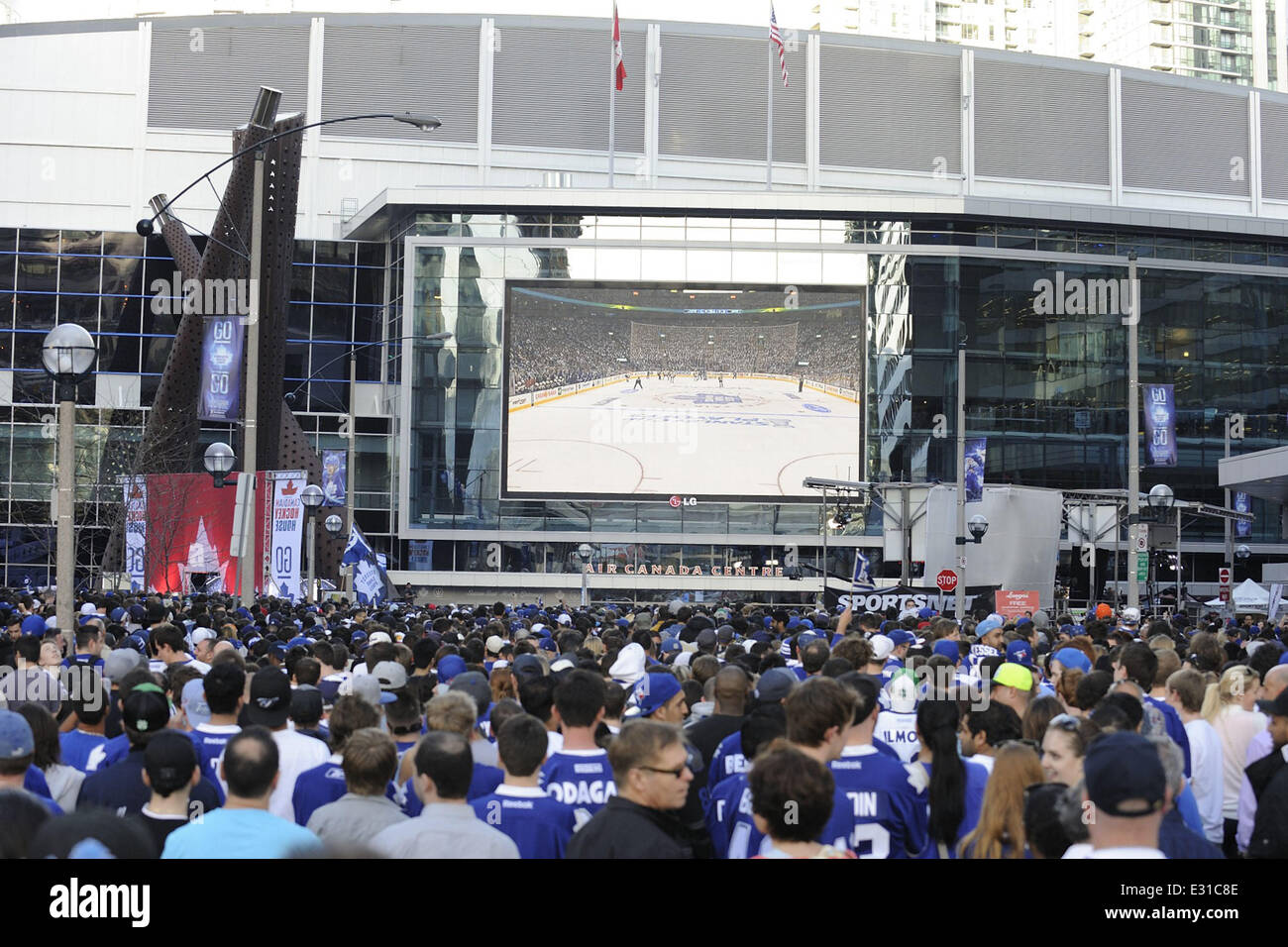 Thousands of Toronto Maple Leafs fans packed the Maple Leafs Square to watch the hockey playoff game on giant TV screen outside the Air Canada Centre