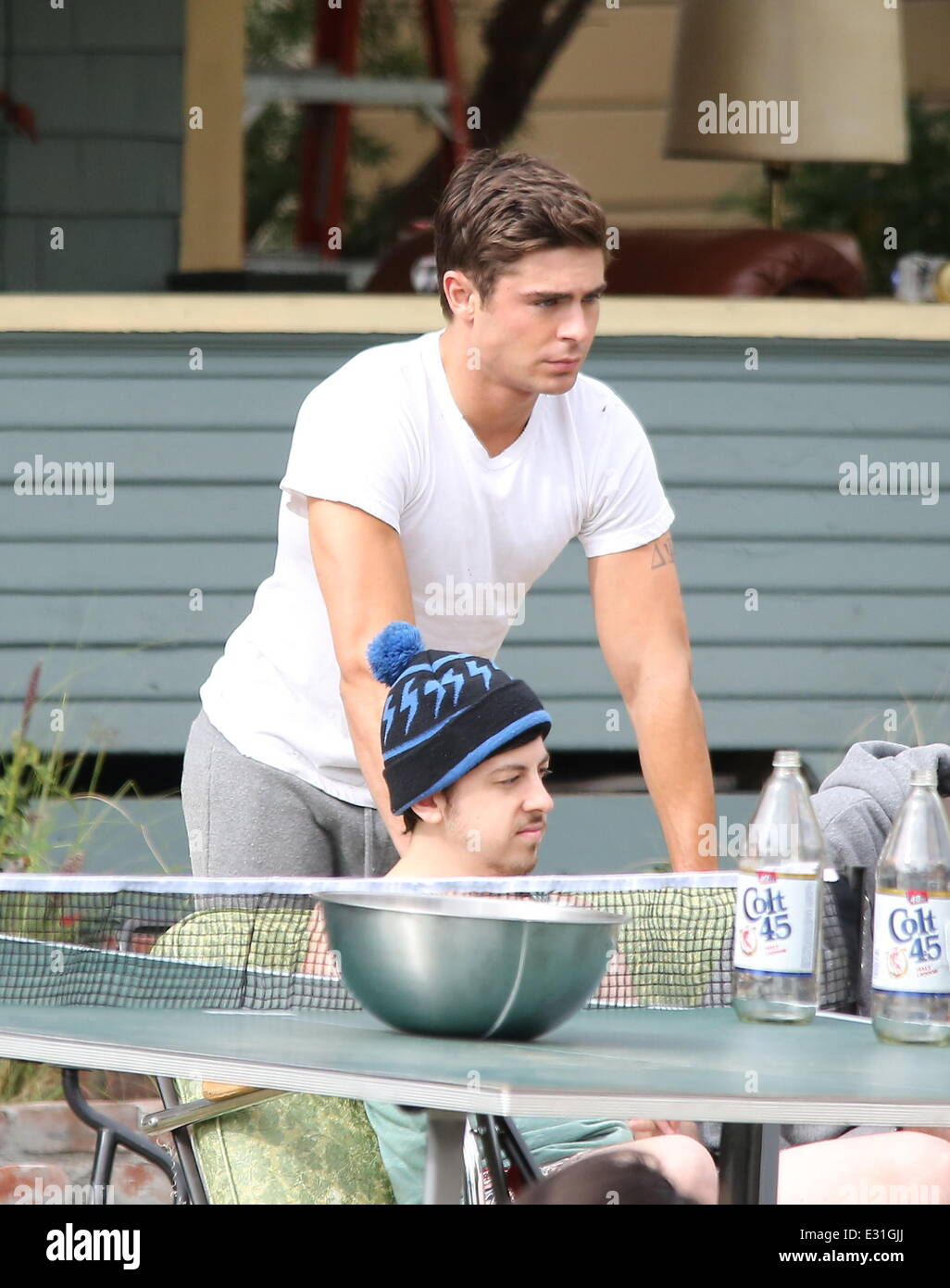 Actors on the set of 'Townies'  Featuring: Zac Efron,Christopher Mintz-Plasse Where: Los Angeles, California, United States When: 08 May 2013 Stock Photo