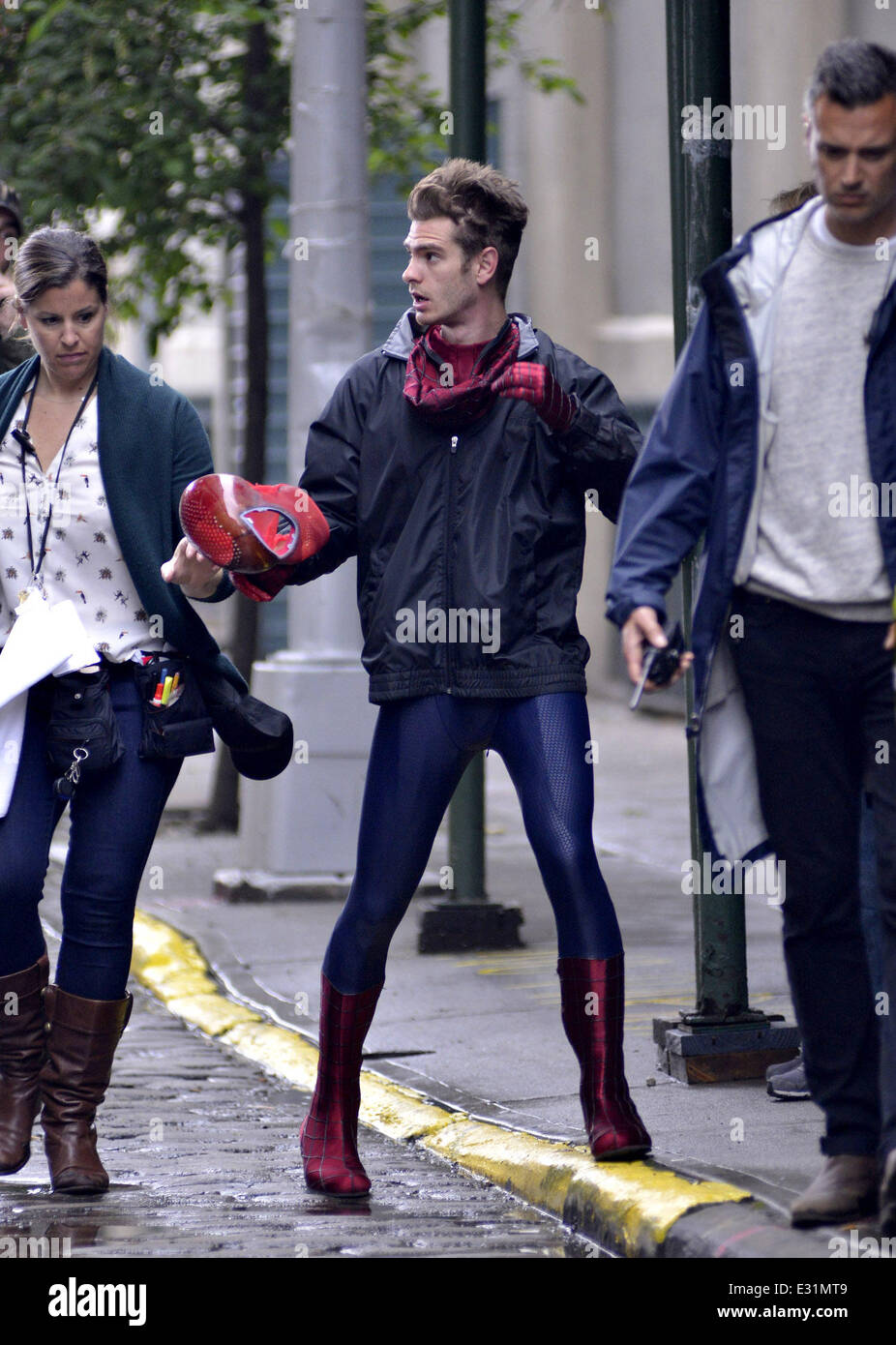 Andrew Garfield and Paul Giamatti filming an action scene on the set of  'The Amazing Spider-Man 2' in Brooklyn. Garfield is spotted wearing his Spider-Man  costume during shooting Featuring: Andrew Garfield Where: