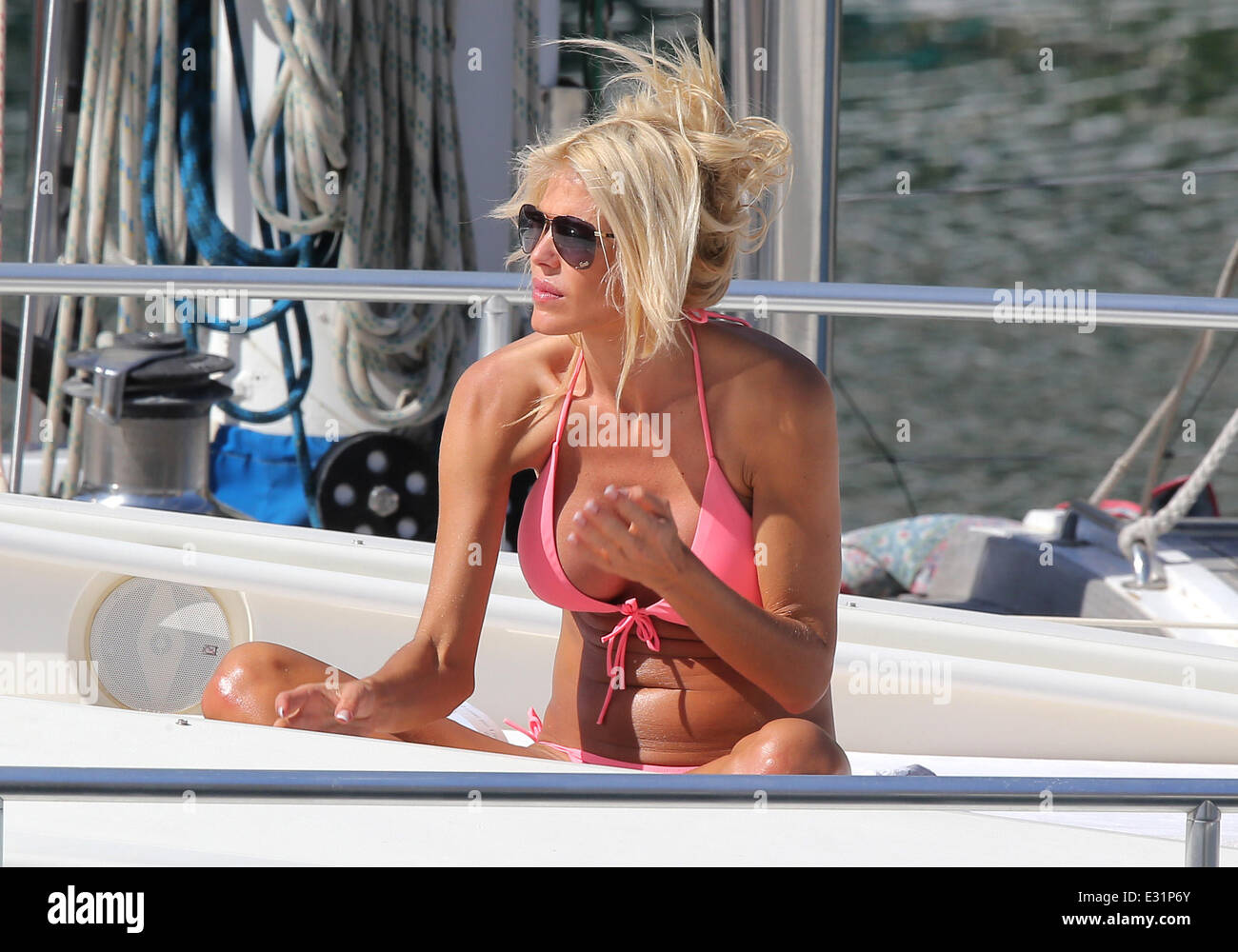 Victoria Silvstedt sunbathes on her yacht in the port of Beaulieu in the French Riviera  Featuring: Victoria Silvstedt Where: Be Stock Photo