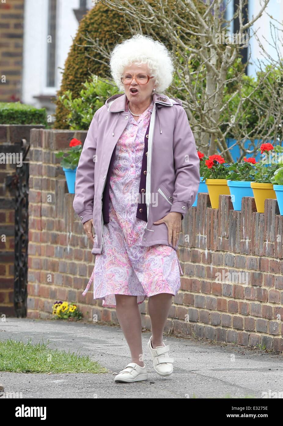 Actress Julie Walters joins Harry Hill in his new film 'The Harry Hill Movie'. The pair were filming at the house of Nana, Walters' character, and were joined by their pet hamster Abu  Featuring: Julie walters Where: London, United Kingdom When: 17 May 20 Stock Photo