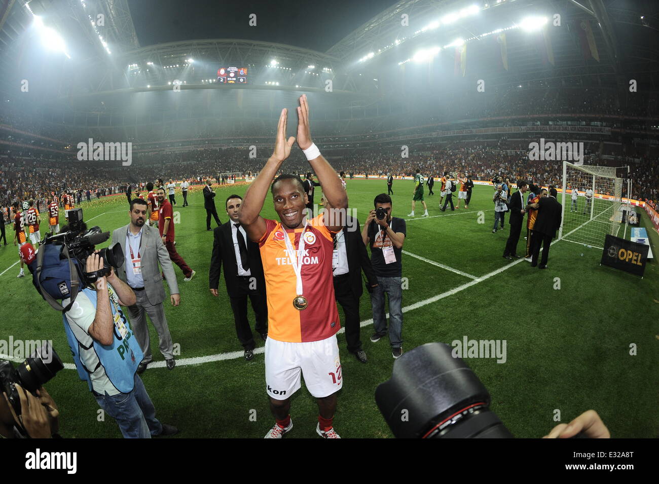 Galatasaray Players with the Championship Trophy, celebrate winning their record 19th Turkish league title by beating Sivasspor 4-2 at Turk Telkom Arena Stadium  Featuring: Didier Drogba Where: Istanbul, Turkey When: 18 May 2013   **Not available for publication in Turkey** Stock Photo