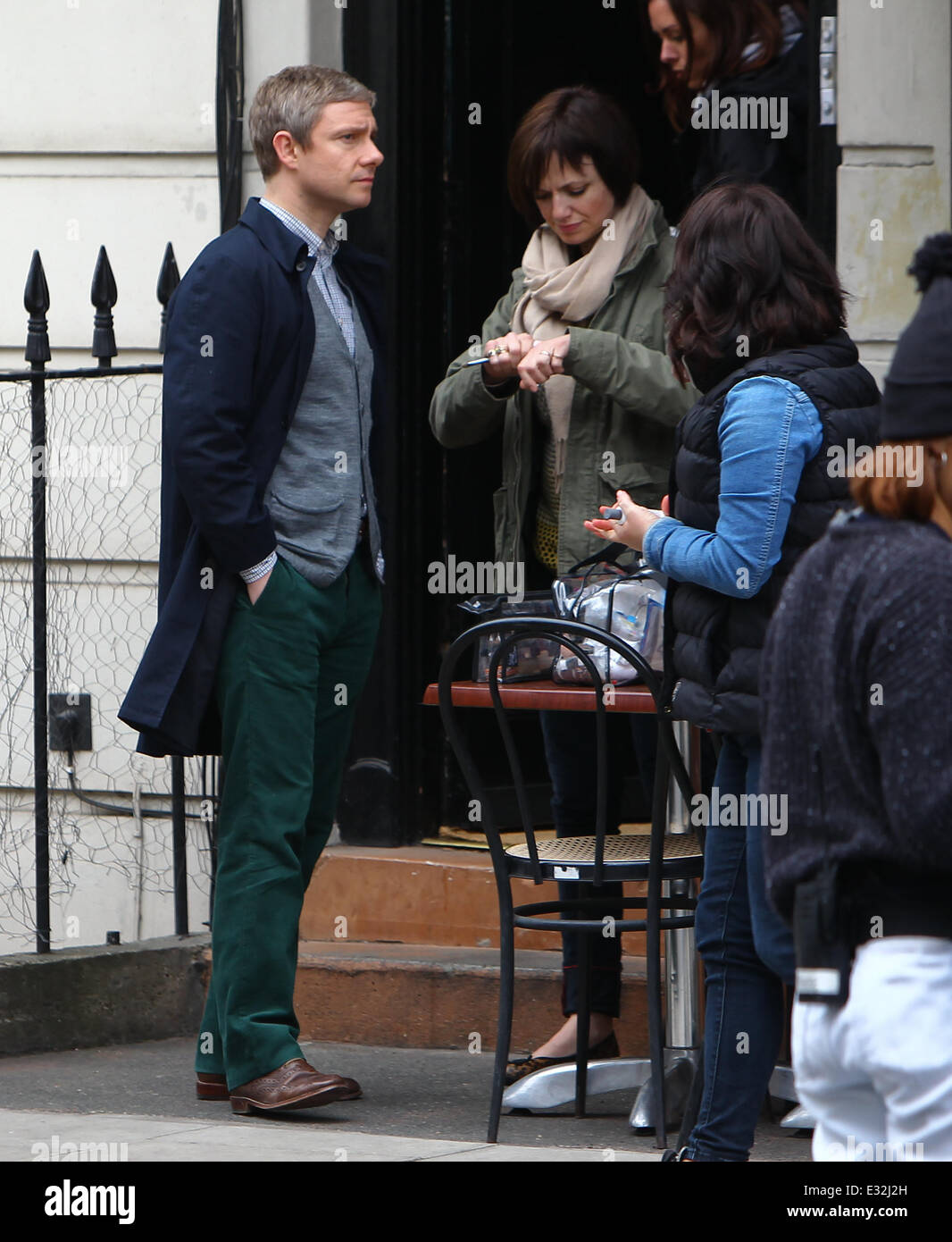 Sherlock' filming on location in Baker Street Sherlock is a British  television crime drama. It stars Benedict Cumberbatch as Sherlock Holmes  and Martin Freeman as Doctor John Watson Featuring: Martin Freeman Where:, image size:1066x1390