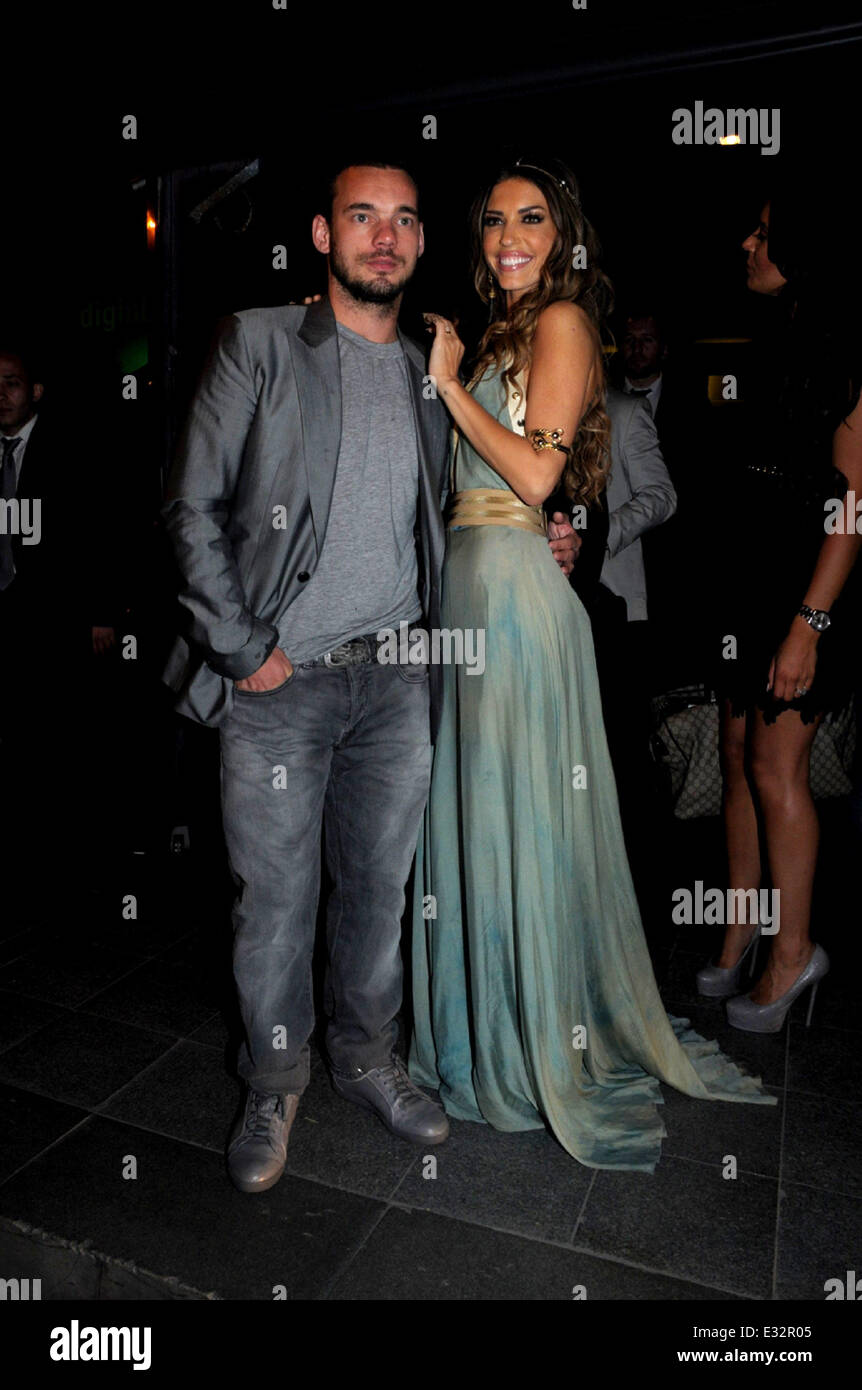 Galatasaray's Dutch player Wesley Sneijder and his model wife Yolanthe Cabau party at club Reina in Istanbul.  Featuring: Wesley Sneijder,Yolanthe Cabau Where: Istanbul, Turkey When: 21 May 2013  **** Stock Photo