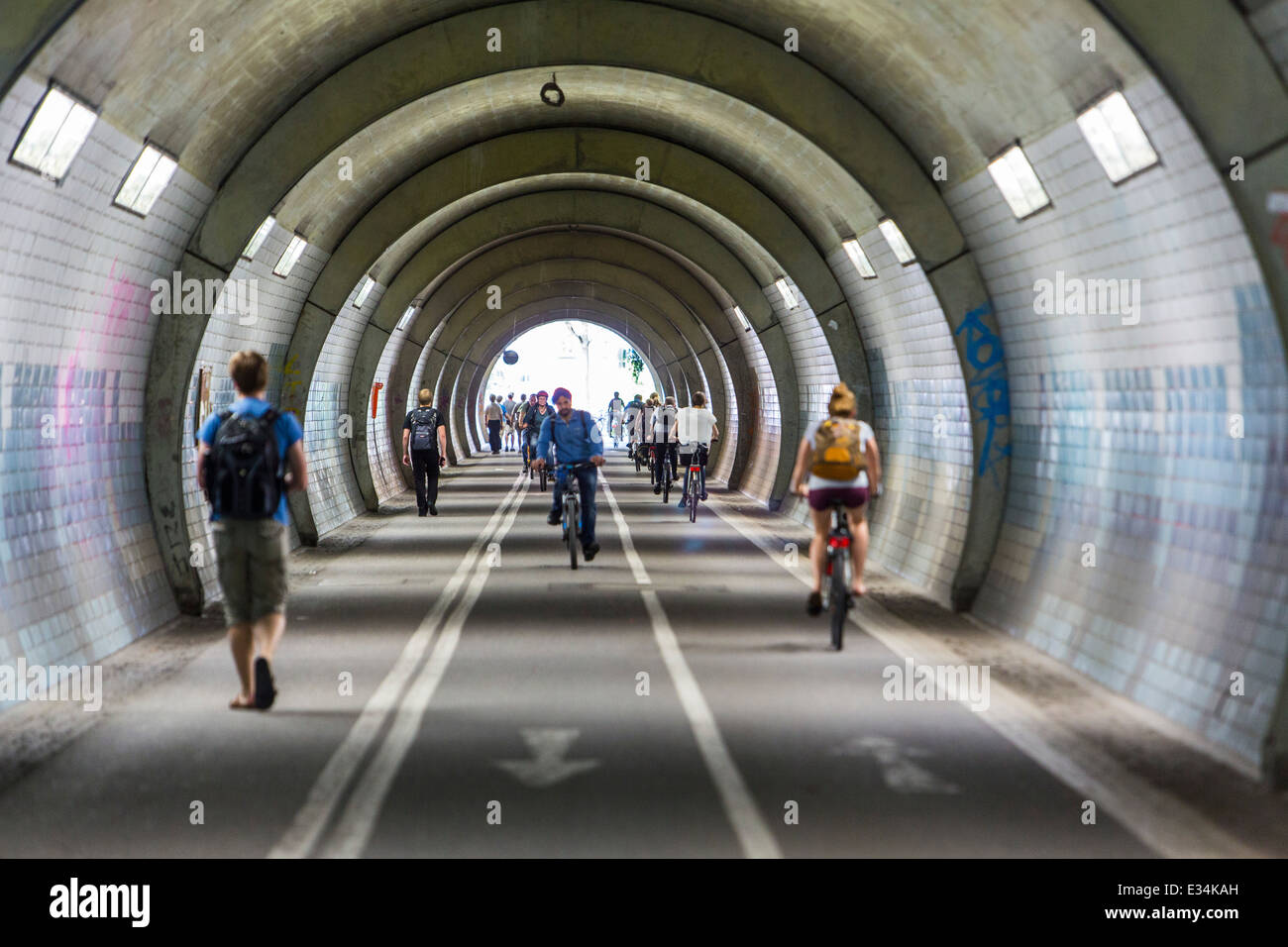 Schloßbergtunnel for pedestrians and cyclists in Tübingen leads, 250 meters long ago under the castle hill, Stock Photo