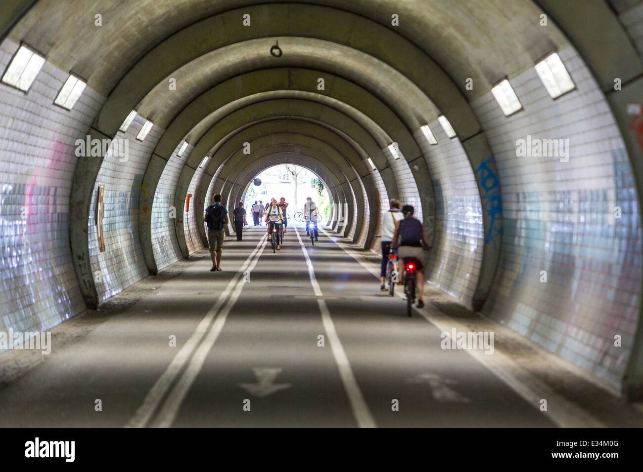 Schloßbergtunnel for pedestrians and cyclists in Tübingen leads, 250 meters long ago under the castle hill, Stock Photo
