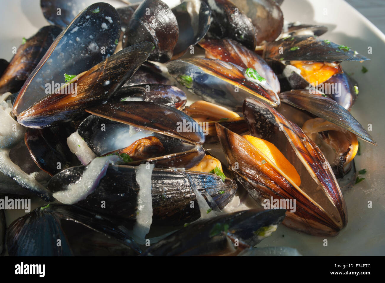 Moules or Mussels cooked in white wine with parsley. Stock Photo