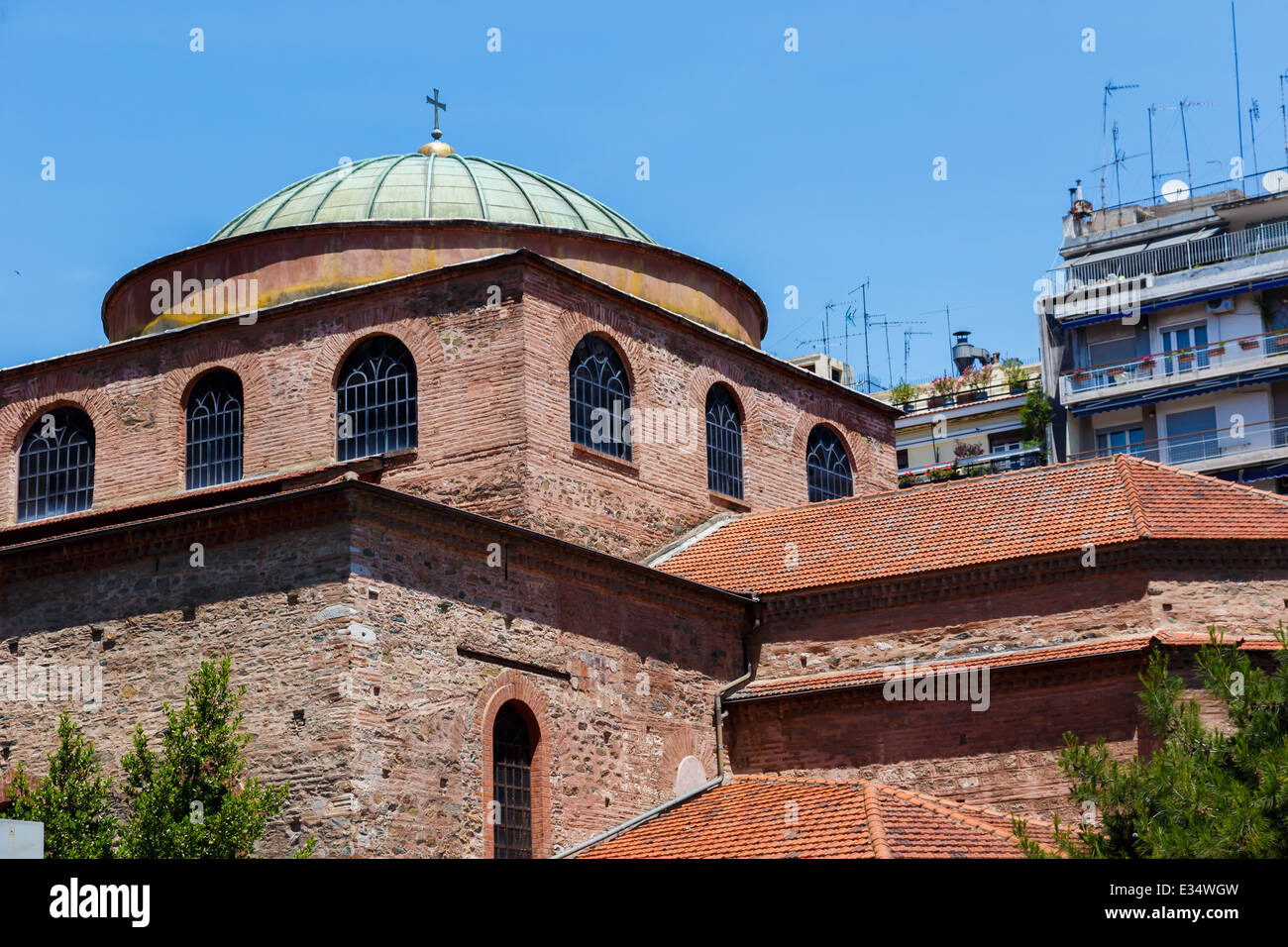 Church or monastery building details against blue sky in Thessaloniki, Greece Stock Photo