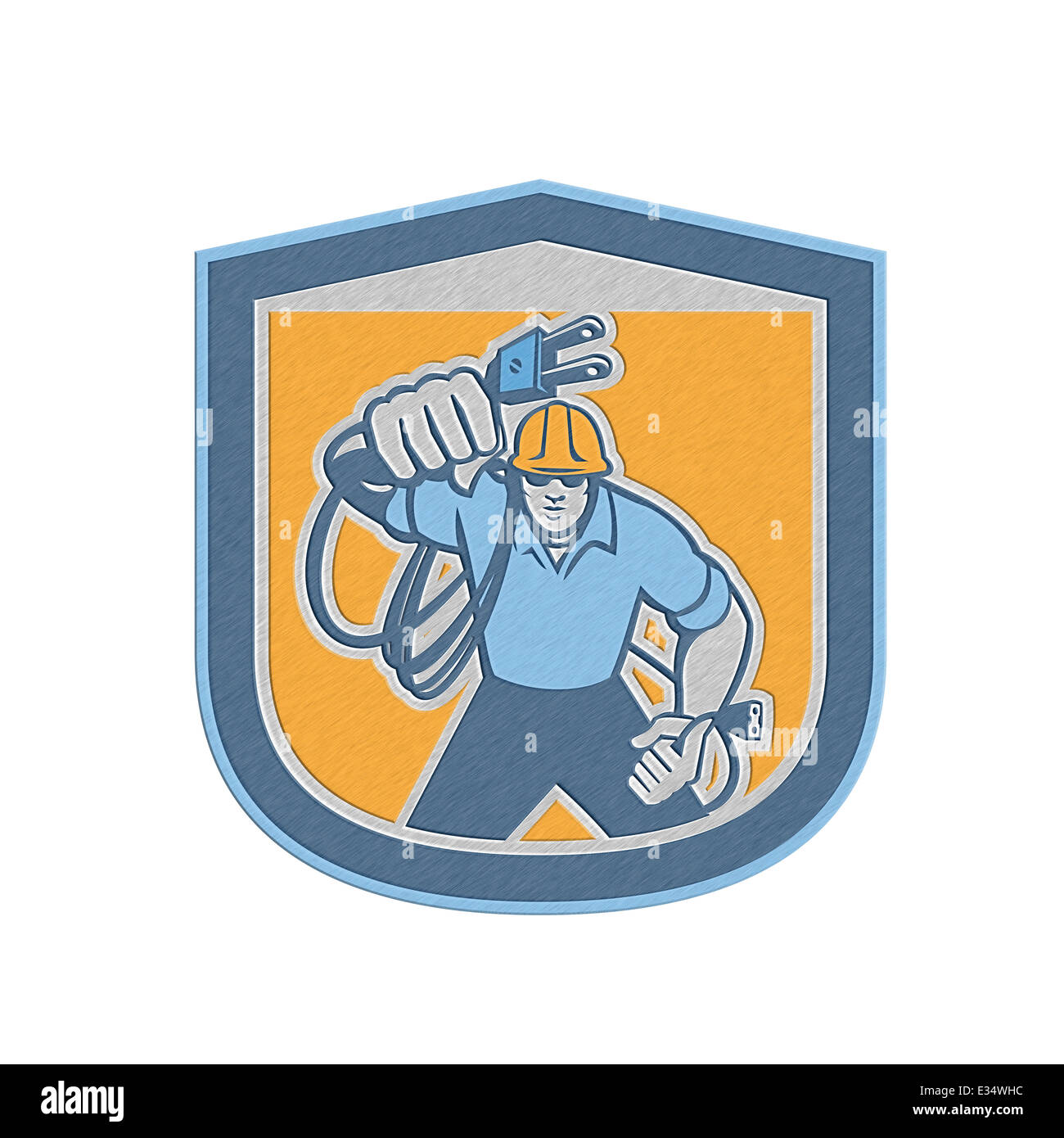 Metallic styled illustration of a electrician worker with electric plug cord facing front set inside shield crest on isolated background done in retro style. Stock Photo