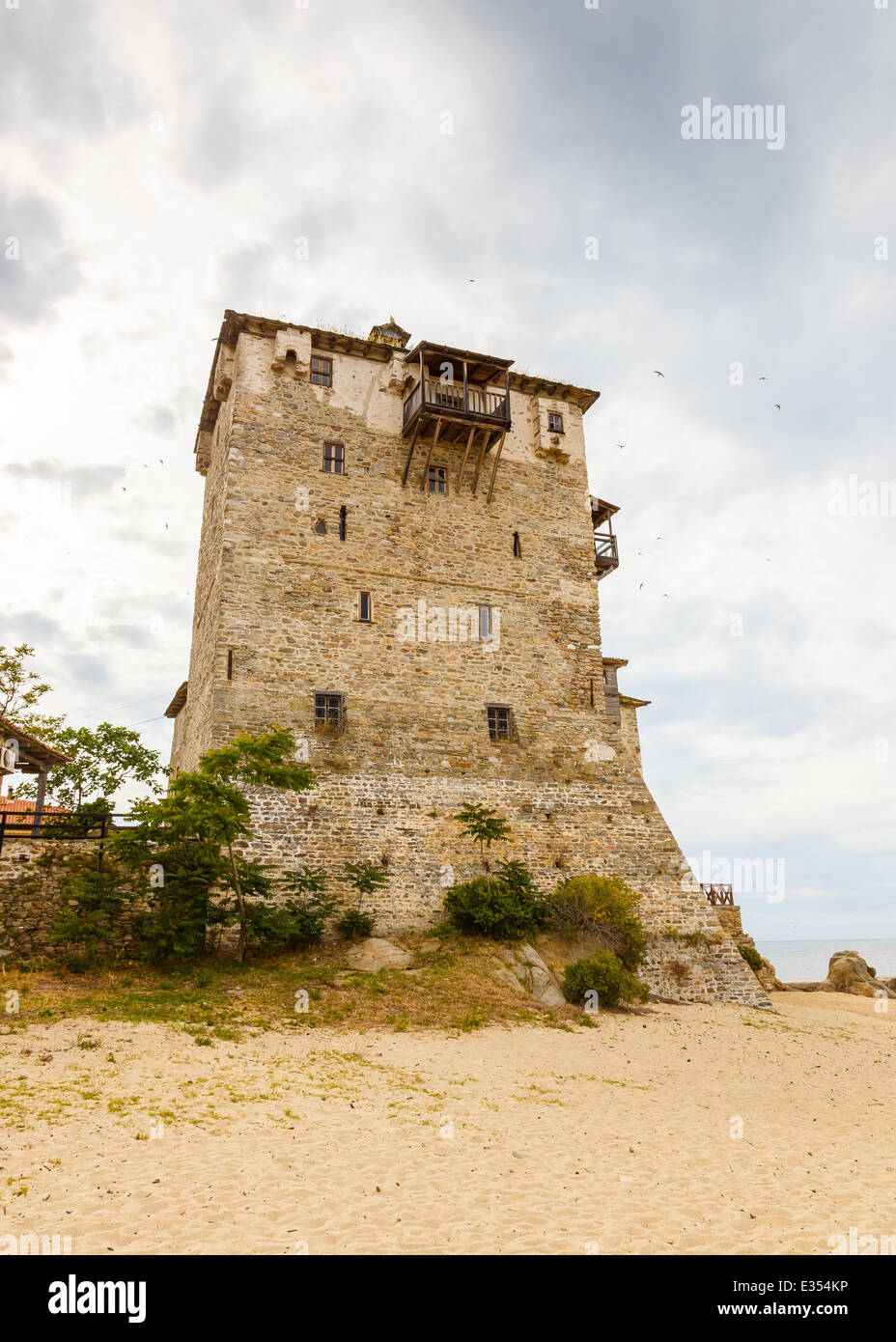 The Prosforio tower in Ouranoupolis, Chalkidiki, Greece Stock Photo