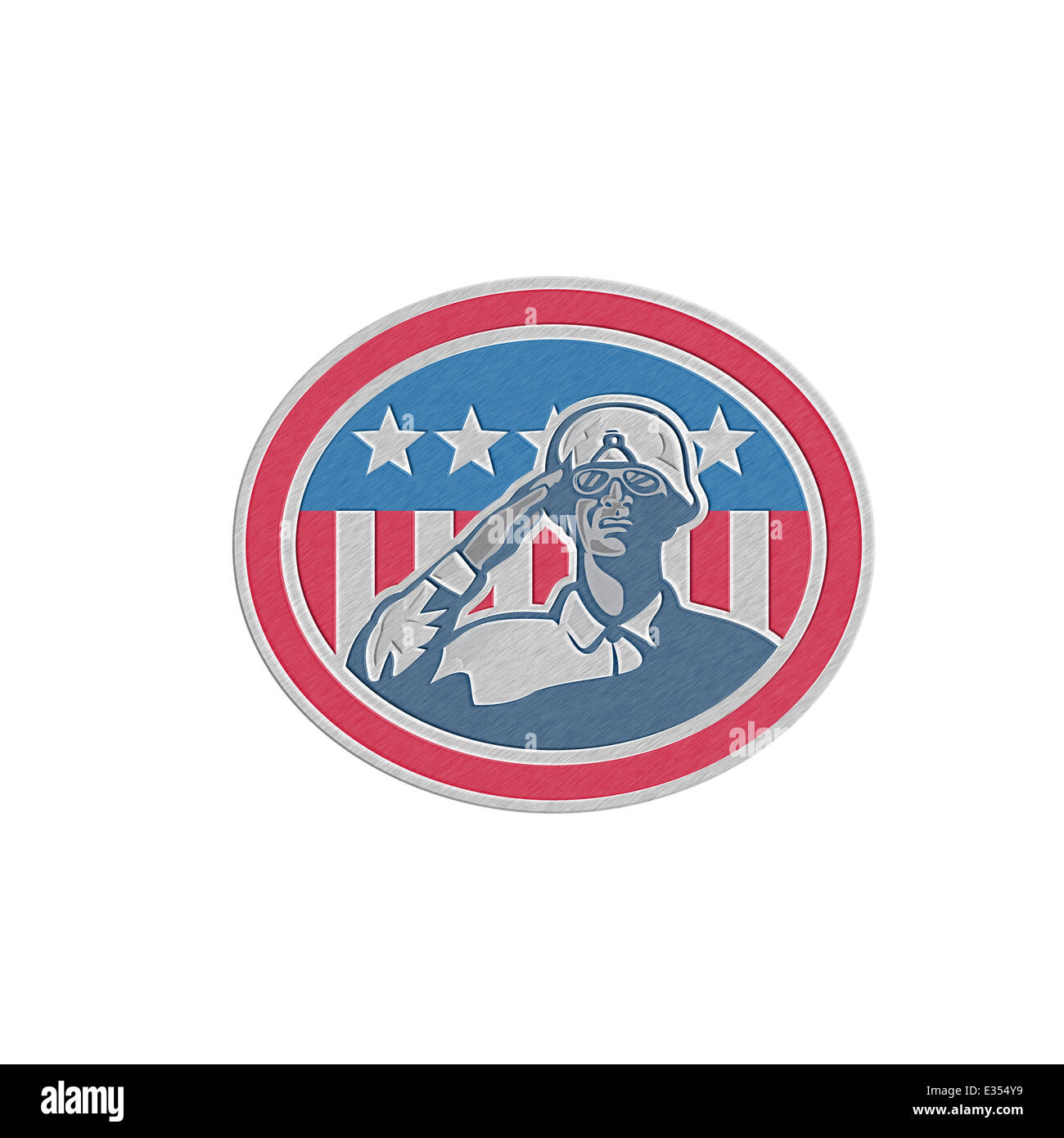Metallic styled illustration of an african-american soldier serviceman saluting with USA stars and stripes flag in background set inside oval done in retro style. Stock Photo
