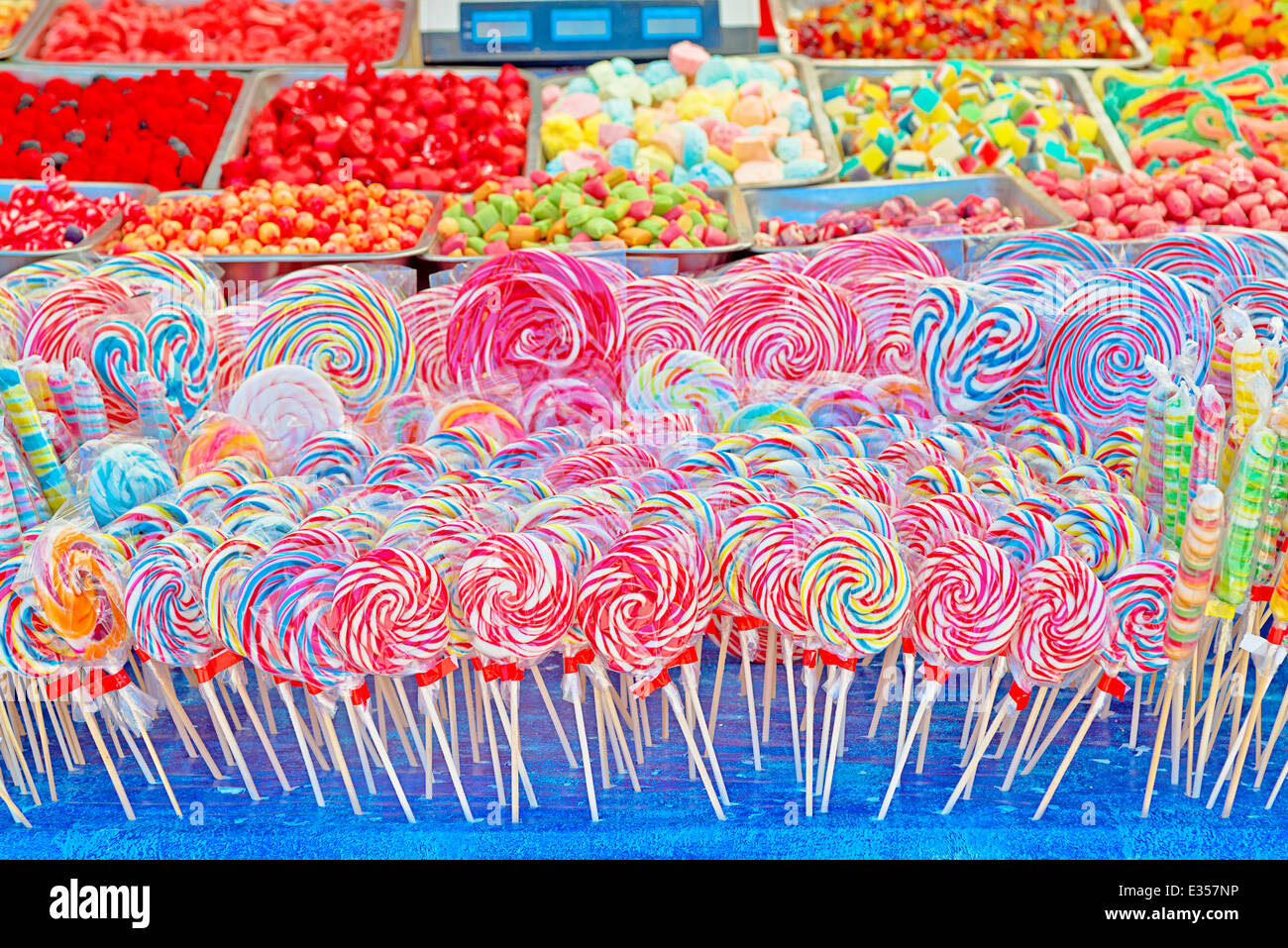 Colorful sweets, candies and lollipops at street market Stock Photo