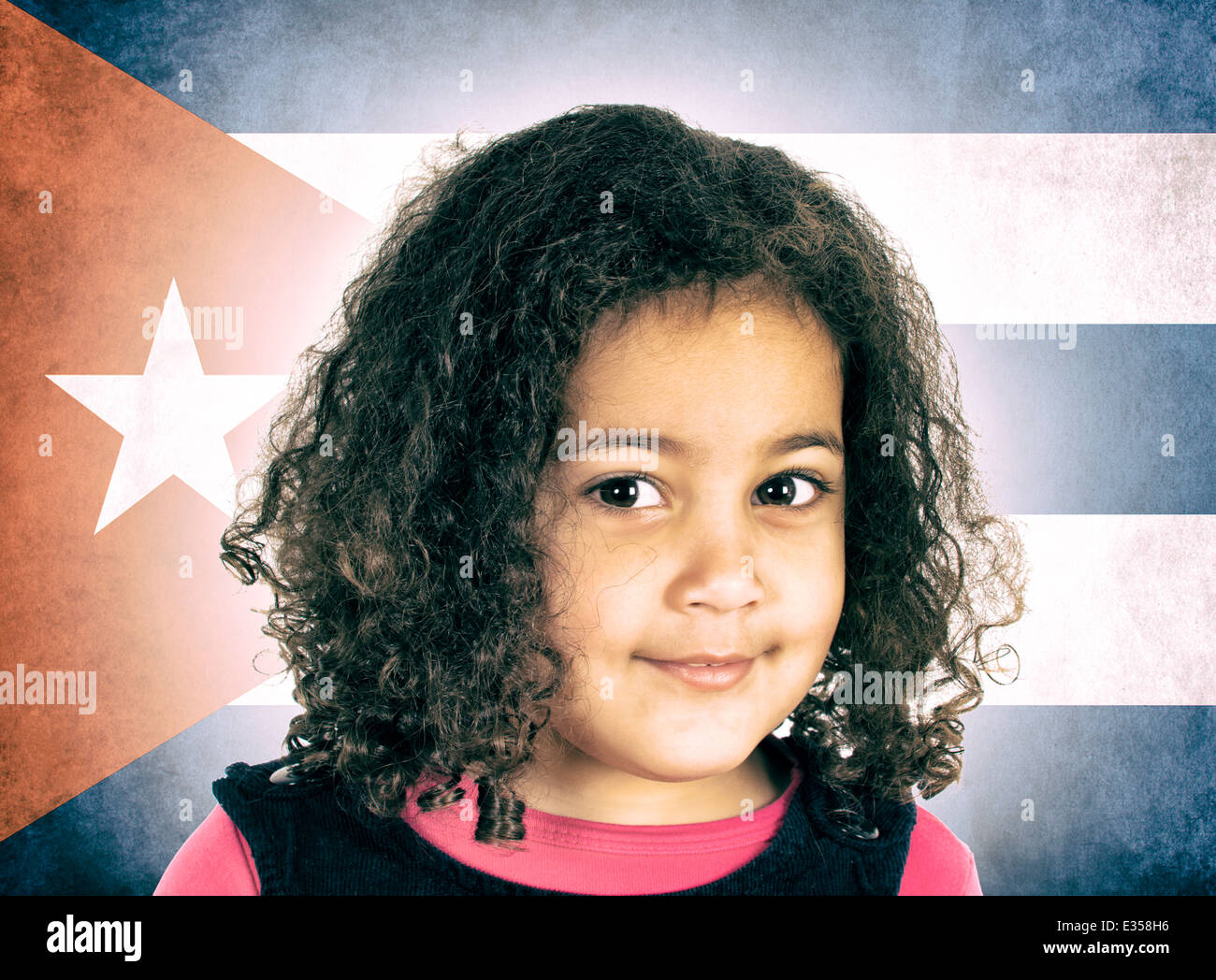 Portrait little girl with curly hairstyle with Cuban flag in Stock