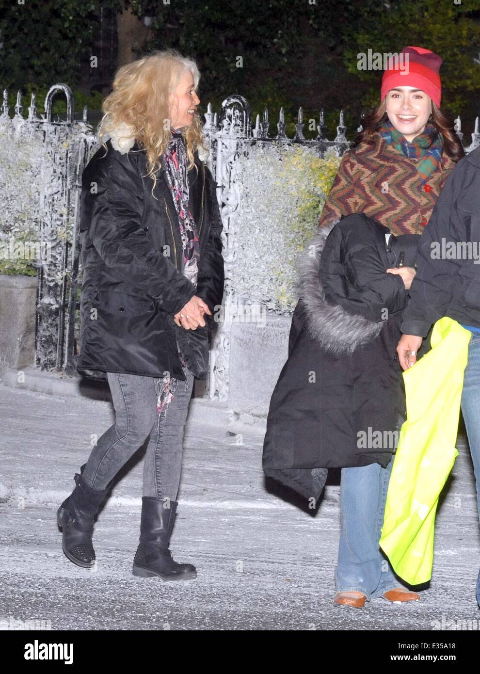 Lily Collins Is Joined On The Set Of Love Rosie By Her Mother Jill Tavelman A House On Church Avenue In Rathmines Dublin Was Stock Photo Alamy