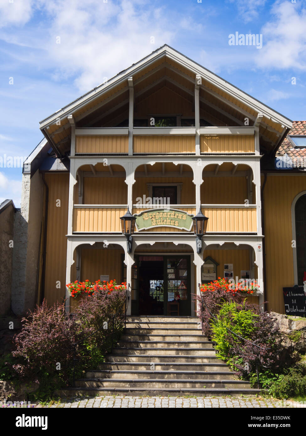 Old wooden paneled house in the market square of Drobak Akershus Norway, now containing year round Christmas shop Stock Photo