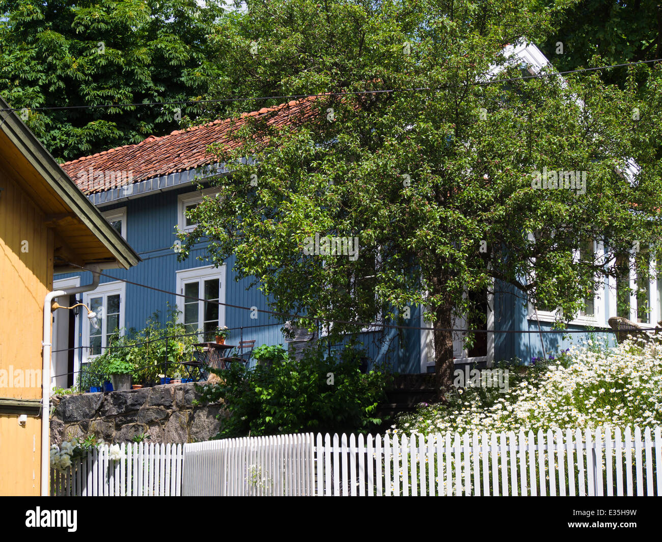 Old wooden paneled houses in Drobak  Norway typical of many small Norwegian seaside towns Stock Photo