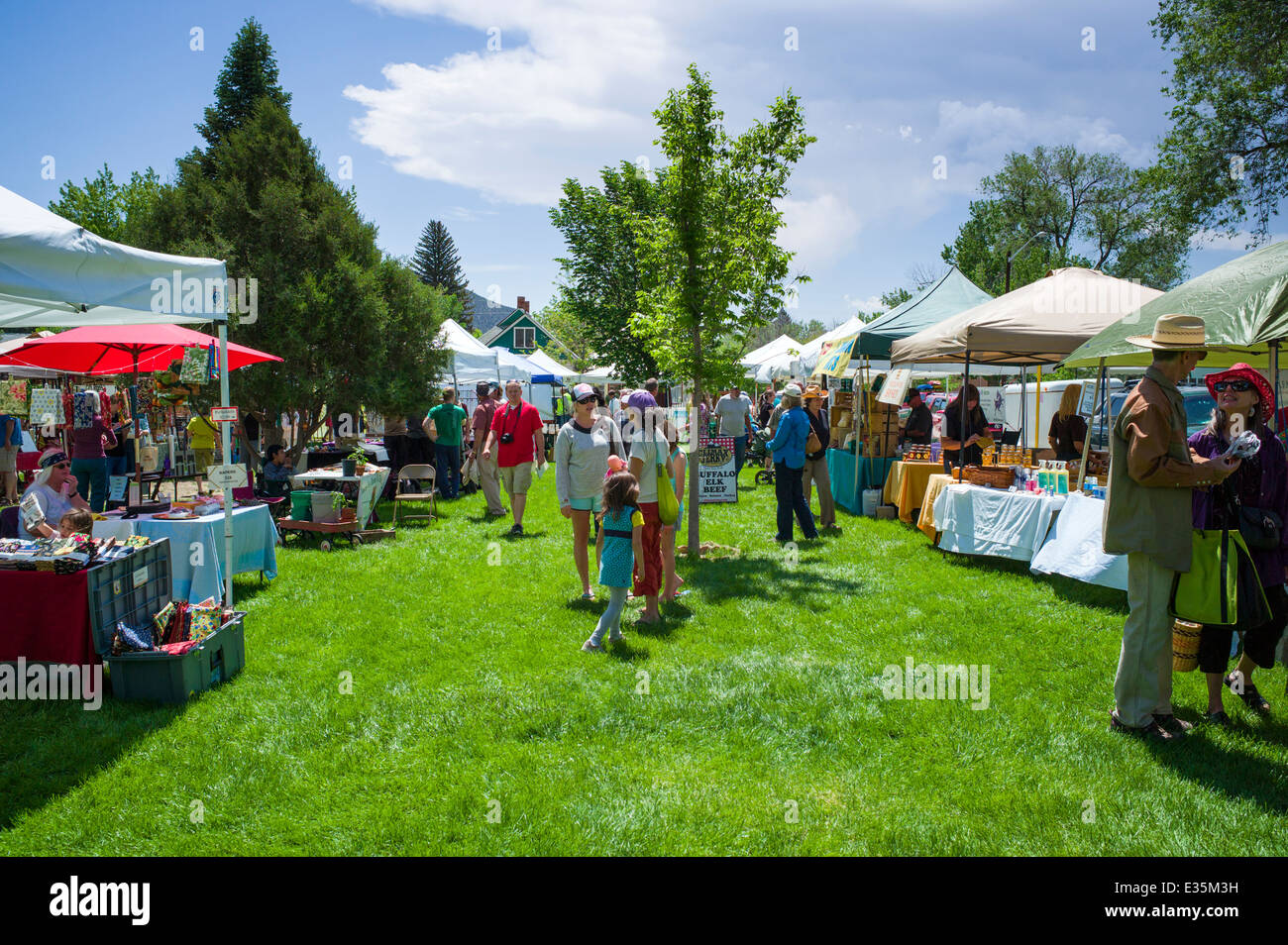 Fresh fruit, vegetables and produce at seasonal farmers market in small