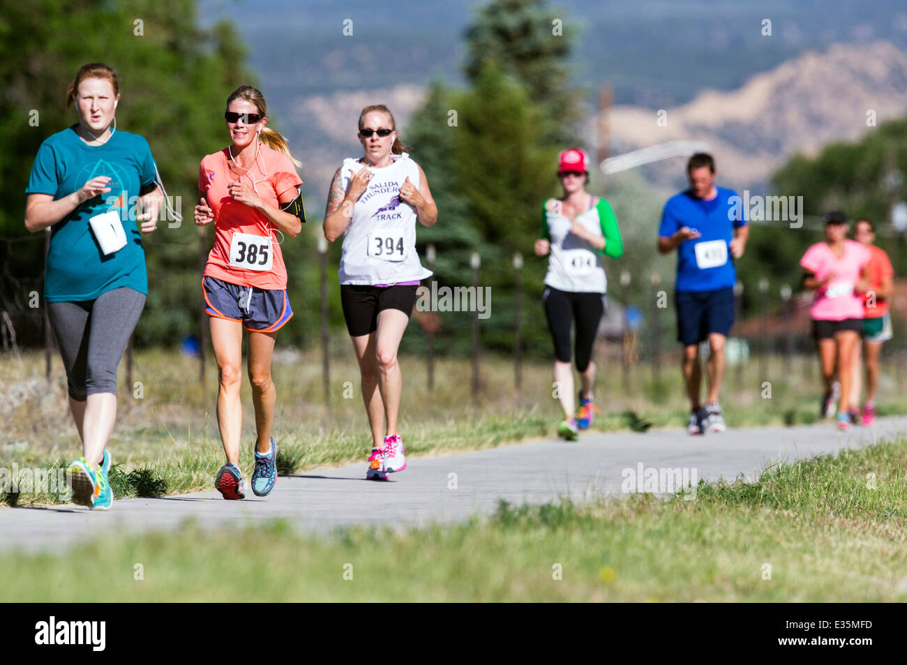 Runners race in 5K & 10K foot races, annual Fibark festival, Salida, Colorado, USA Stock Photo