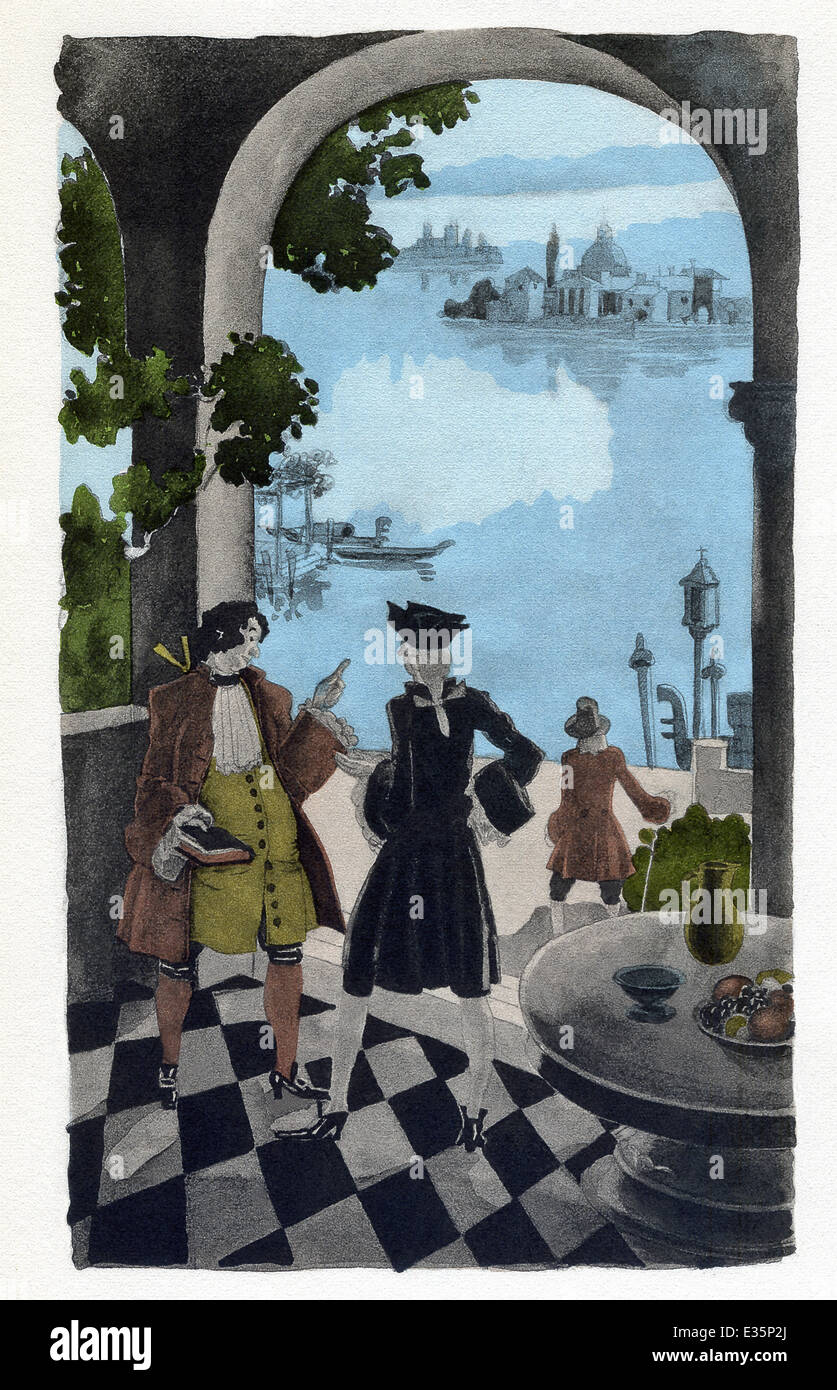 Candide is with Martin, a scholar who becomes his traveling companion, in Venice, in the house of Venetian Lord Pococurante. Stock Photo
