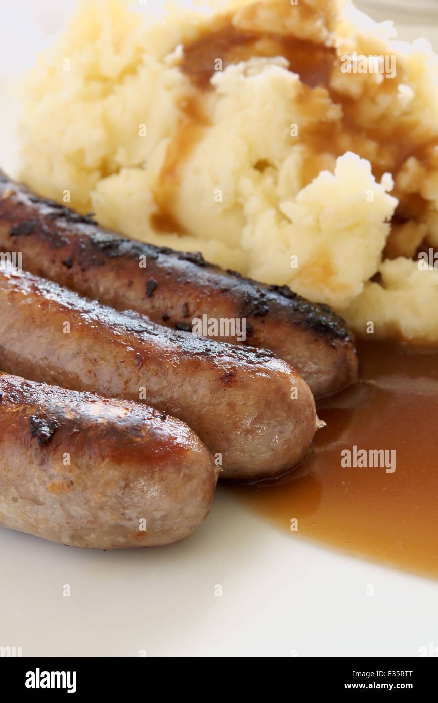 Bangers and Mash a hearty meal of sausages and mashed potato with gravy