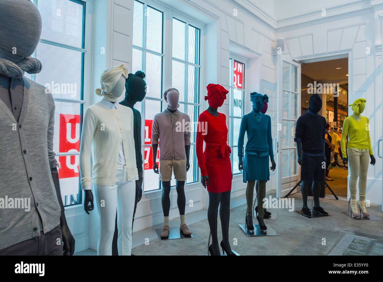 Paris, France, Manniquins fast fashion clothes Shopping in clothing store at Paris, 'Uniglo Le Marais', Converted Factory Building, commercial Stock Photo