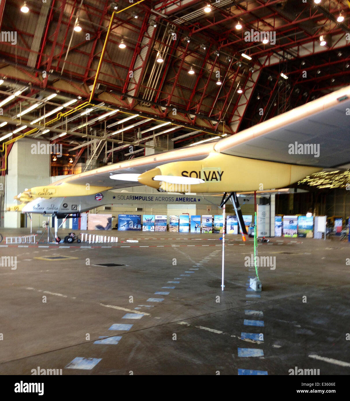 The Solar Impulse no-fuel plane stationed at New York’s John F. Kennedy International Airport after completing the final leg of a history-making cross-country flight on Saturday night (6July13) from Sky Harbor International Airport in Phoenix  Featuring: Stock Photo